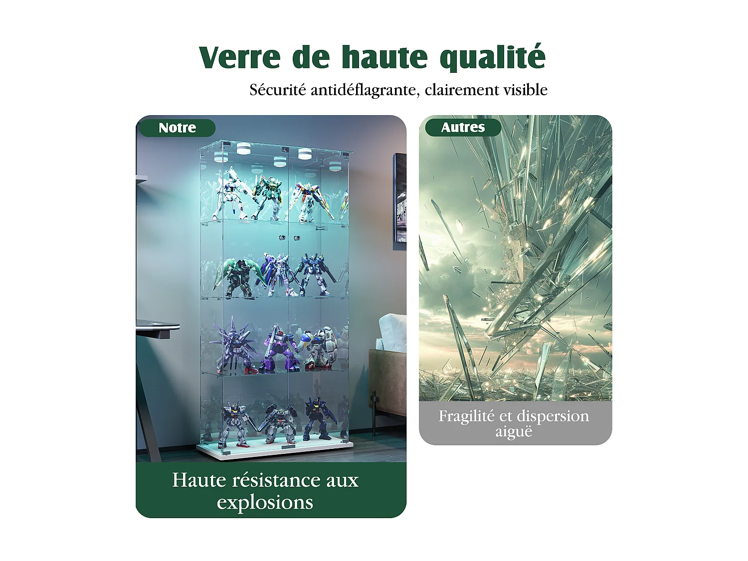 Vitrine vitrée avec lampe à tapotement, meuble de présentation, 2 portes verrouillables, 4 étagères, 163 x 78,5 x 35 cm, blanc