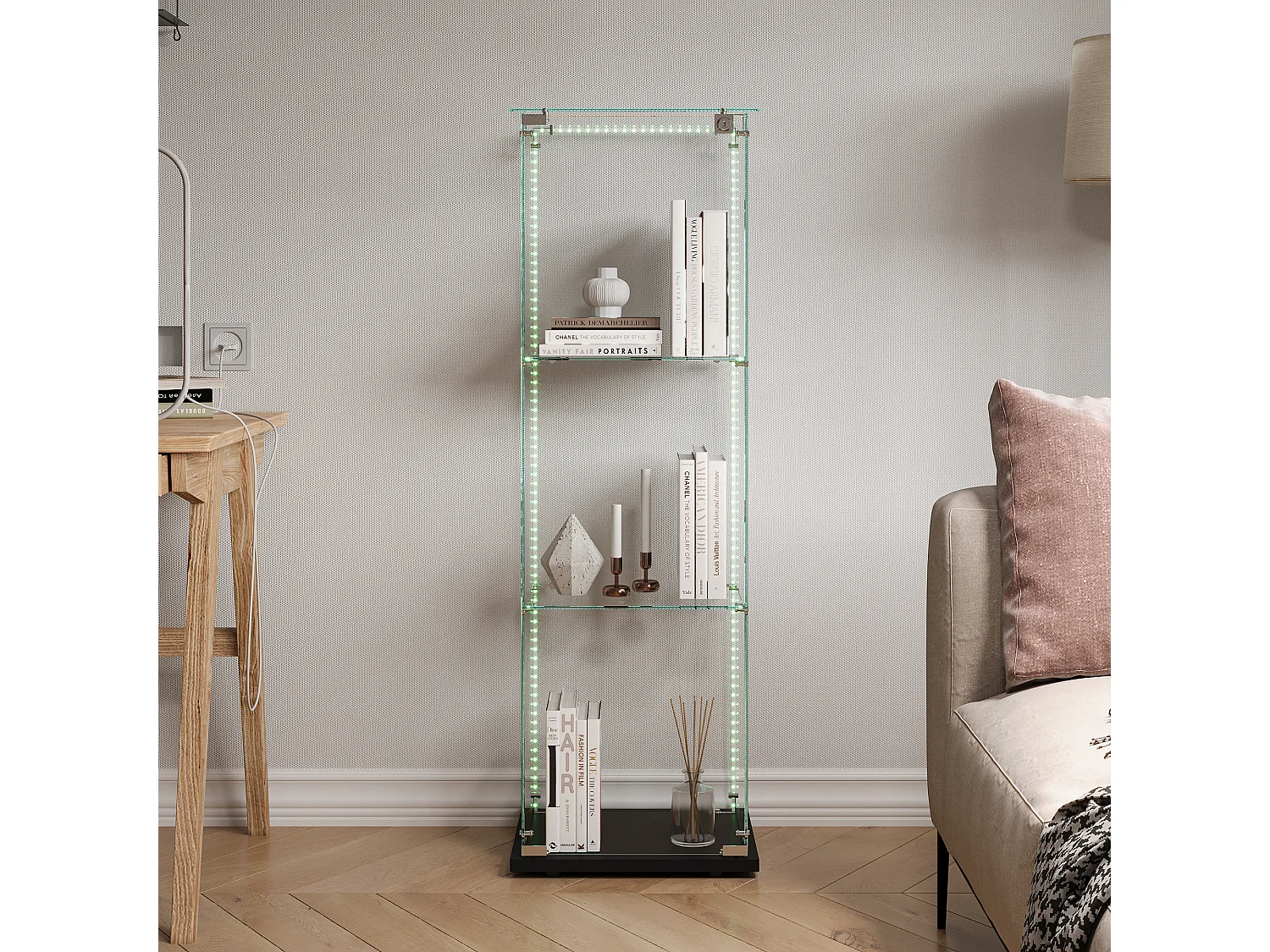 Vitrine en verre à 3 étagères avec éclairage LED - 123.3 x 39.8 x 35 cm - Vitrine étroite - noir
