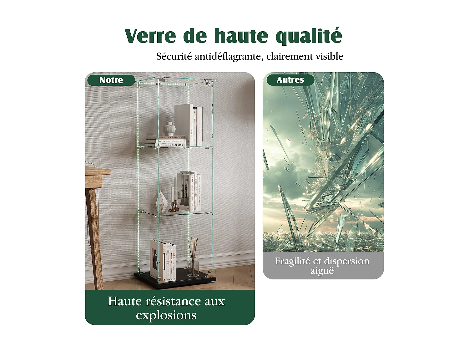 Vitrine en verre à 3 étagères avec éclairage LED - 123.3 x 39.8 x 35 cm - Vitrine étroite - noir