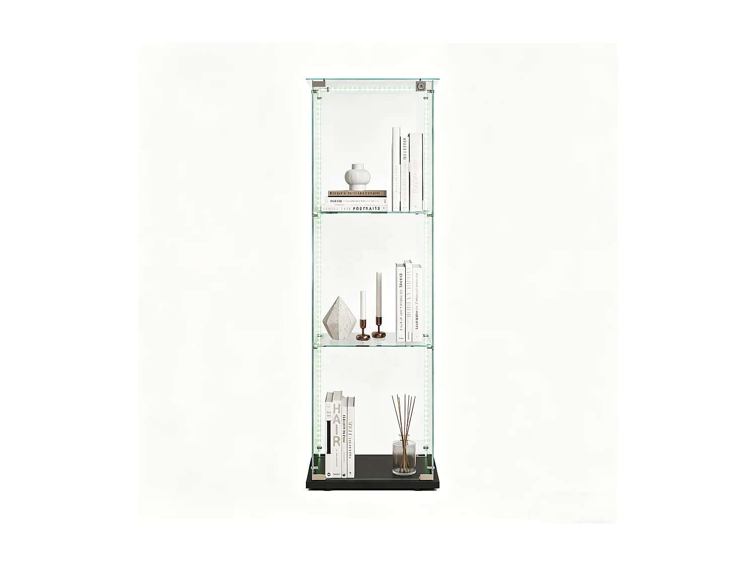 Vitrine en verre à 3 étagères avec éclairage LED - 123.3 x 39.8 x 35 cm - Vitrine étroite - noir