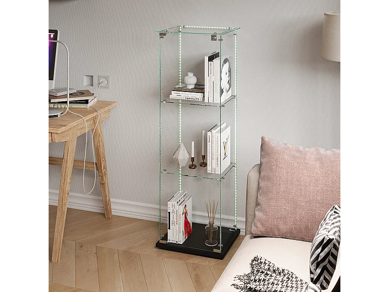 Vitrine en verre à 3 étagères avec éclairage LED - 123.3 x 39.8 x 35 cm - Vitrine étroite - noir