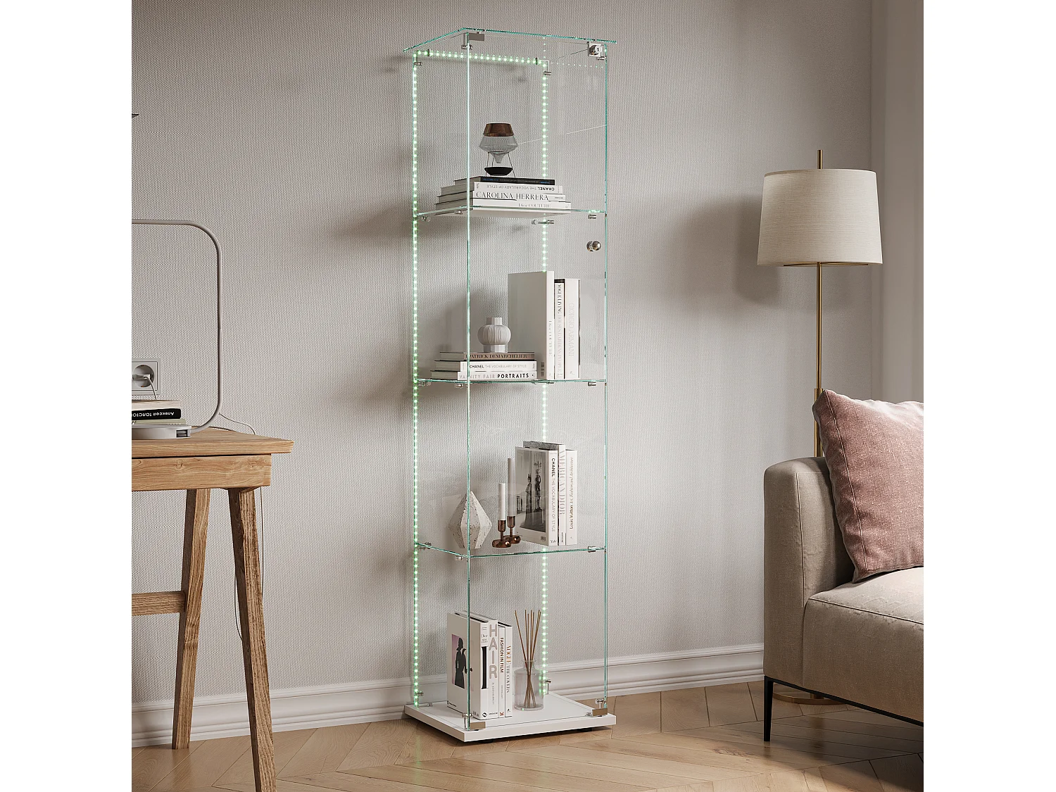 Vitrine en verre à 4 étagères avec éclairage LED - 163 x 39 x 35 cm - Vitrine étroite - blanc