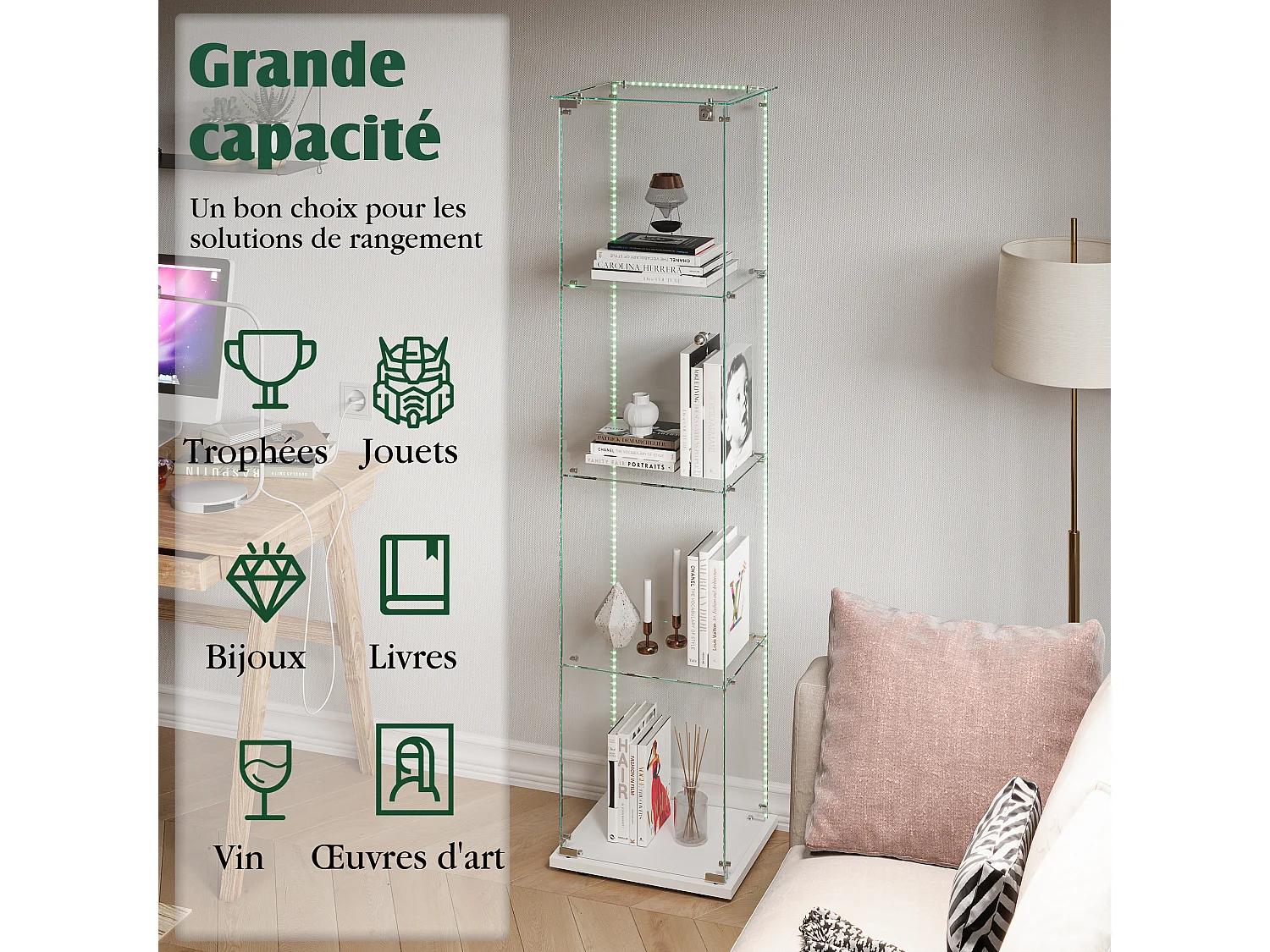 Vitrina de cristal con 4 estantes e iluminación LED - 163 x 39 x 35 cm - Vitrina estrecha - blanco