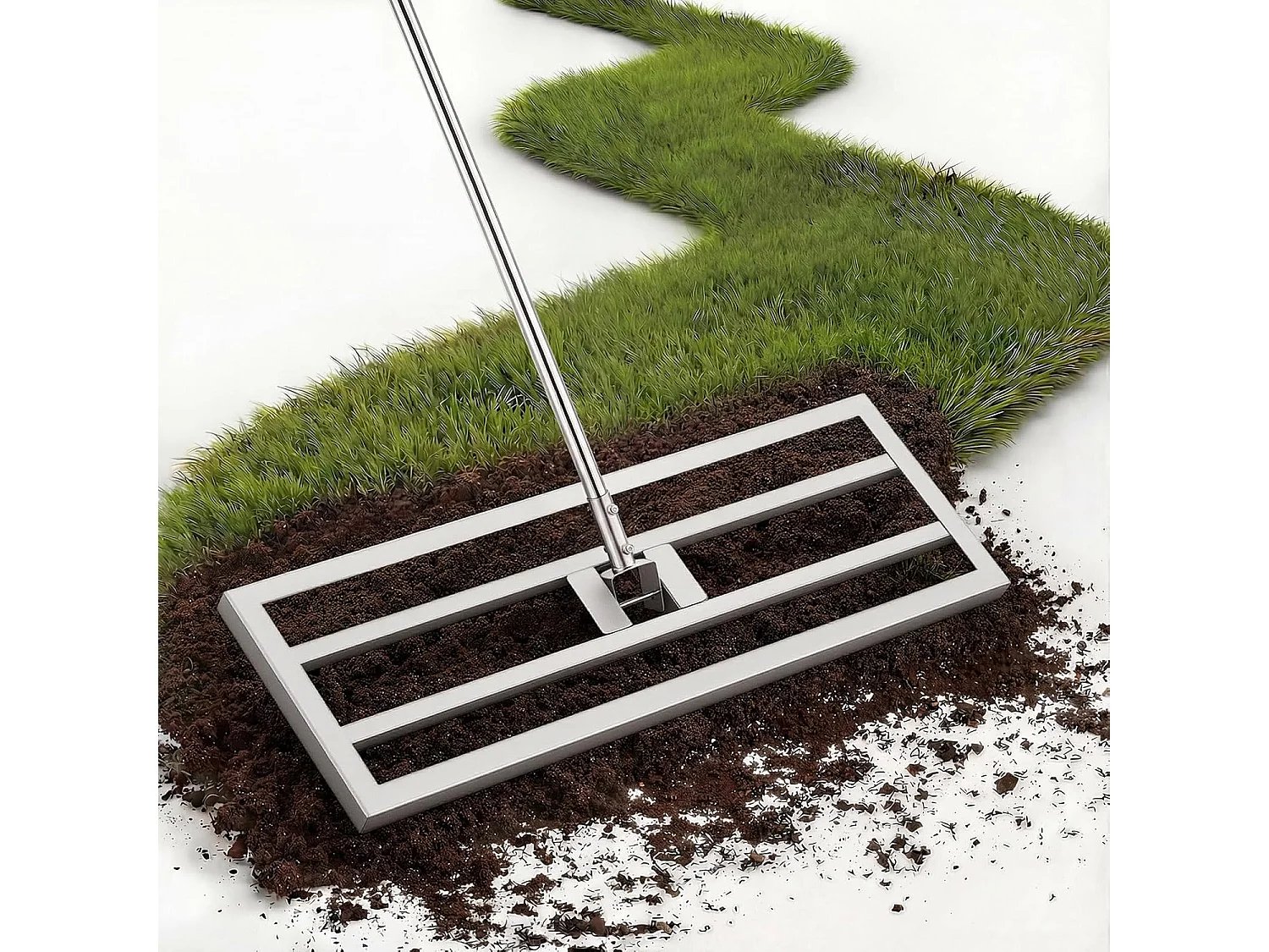 YODOLLA Râteau Nivellement Pelouse en Acier Inoxydable, Manche Réglable, pour Jardins & Terrains de Golf, 195x75x25cm, Argent