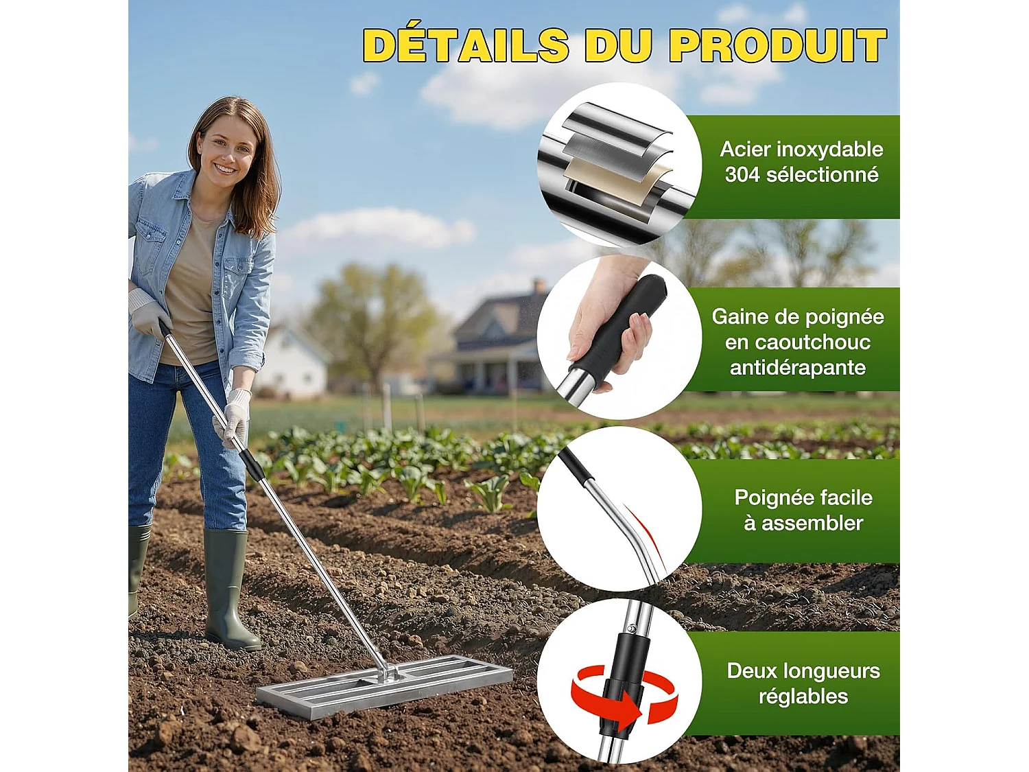 YODOLLA Râteau Nivellement Pelouse en Acier Inoxydable, Manche Réglable, pour Jardins & Terrains de Golf, 195x75x25cm, Argent