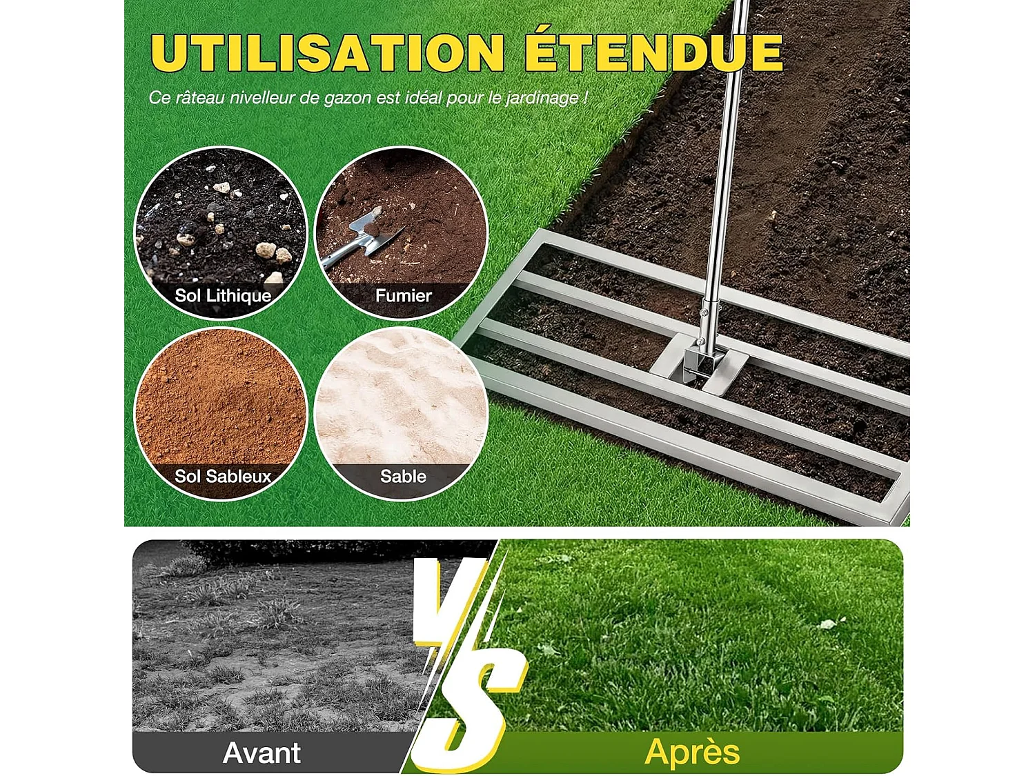 YODOLLA Râteau Nivellement Pelouse en Acier Inoxydable, Manche Réglable, pour Jardins & Terrains de Golf, 195x75x25cm, Argent