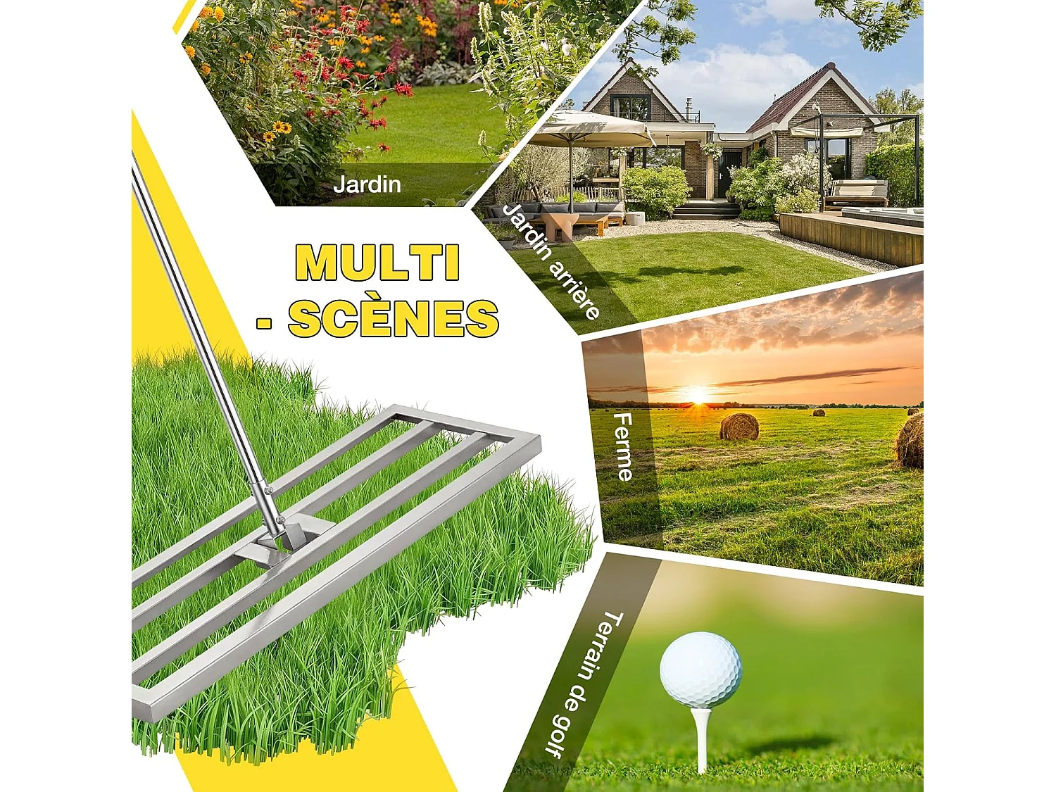 YODOLLA Râteau Nivellement Pelouse en Acier Inoxydable, Manche Réglable, pour Jardins & Terrains de Golf, 195x75x25cm, Argent