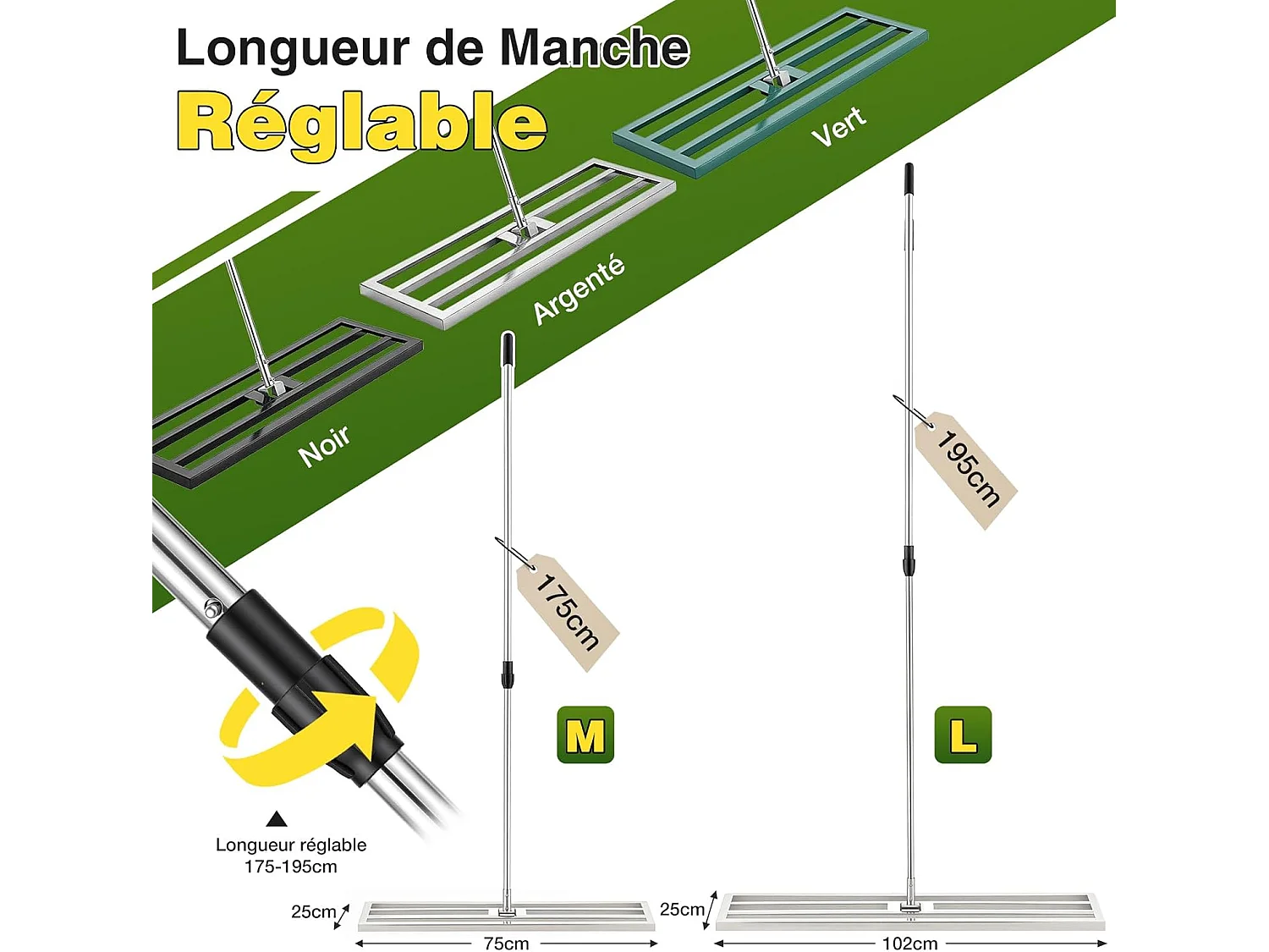 YODOLLA Râteau Nivellement Pelouse en Acier Inoxydable, Manche Réglable, pour Jardins & Terrains de Golf, 195x75x25cm, Argent