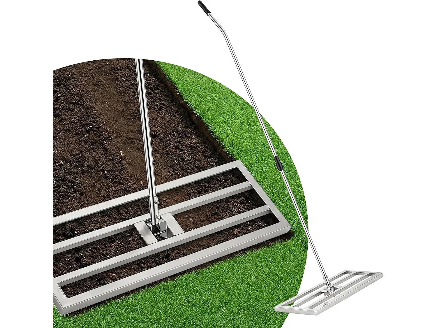 YODOLLA Râteau Nivellement Pelouse en Acier Inoxydable, Manche Réglable, pour Jardins & Terrains de Golf, 195x75x25cm, Argent