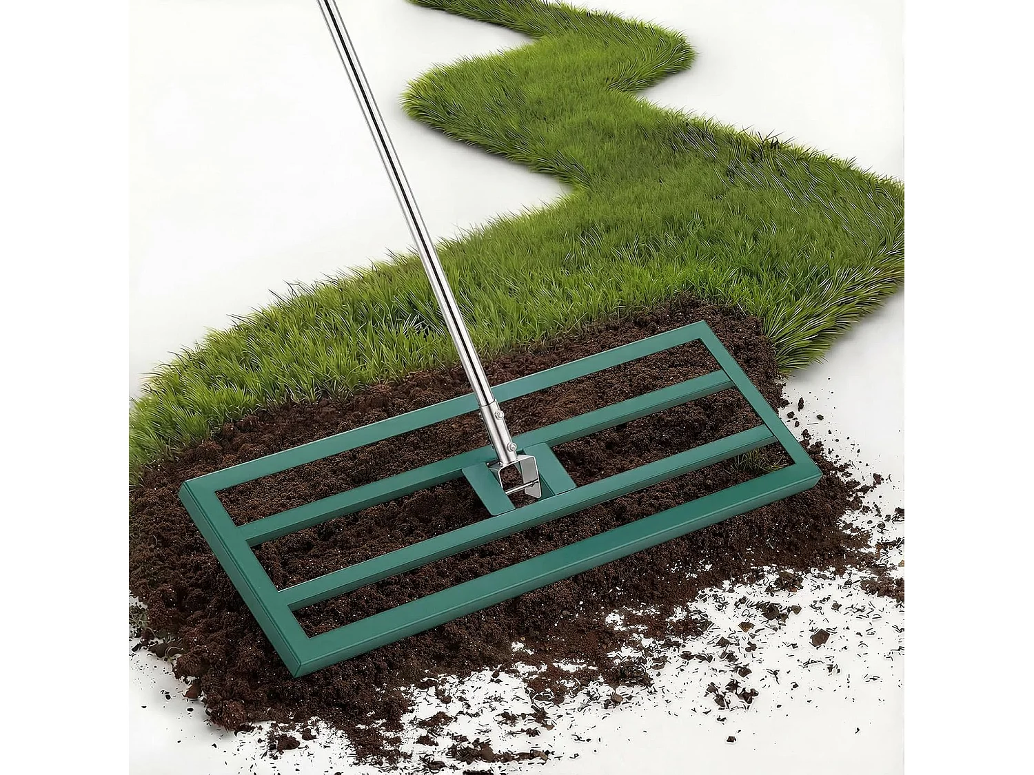 YODOLLA Râteau Nivellement Pelouse en Acier Inoxydable, Manche Réglable, pour Jardins & Terrains de Golf, 195x75x25cm, Vert