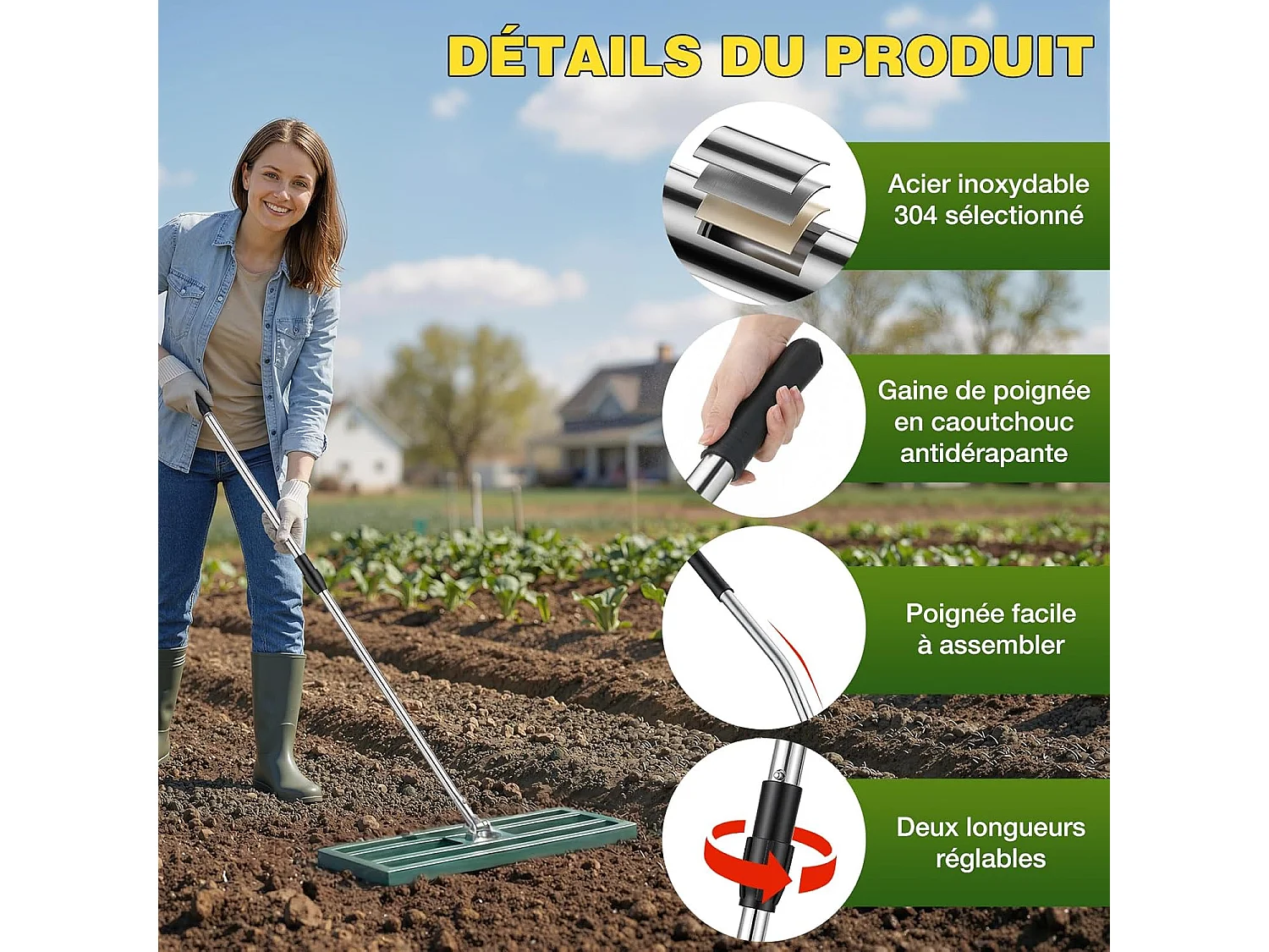 YODOLLA Râteau Nivellement Pelouse en Acier Inoxydable, Manche Réglable, pour Jardins & Terrains de Golf, 195x75x25cm, Vert