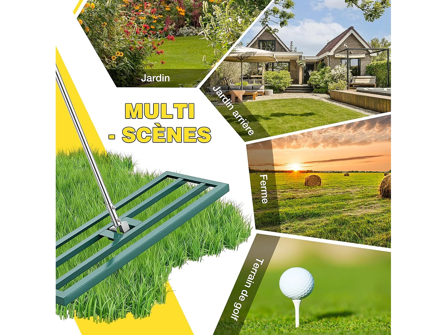 YODOLLA Râteau Nivellement Pelouse en Acier Inoxydable, Manche Réglable, pour Jardins & Terrains de Golf, 195x75x25cm, Vert