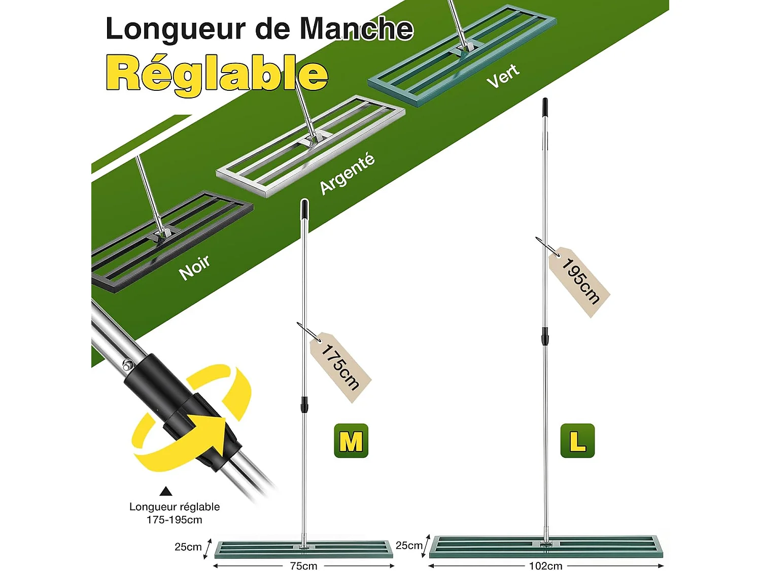 YODOLLA Râteau Nivellement Pelouse en Acier Inoxydable, Manche Réglable, pour Jardins & Terrains de Golf, 195x75x25cm, Vert