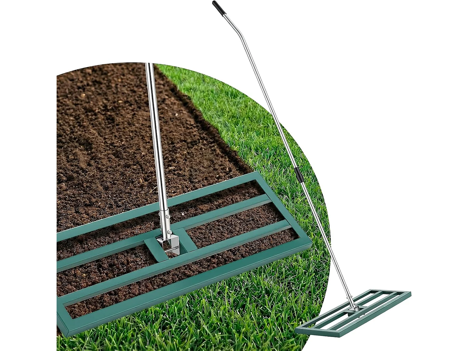 YODOLLA Râteau Nivellement Pelouse en Acier Inoxydable, Manche Réglable, pour Jardins & Terrains de Golf, 195x75x25cm, Vert