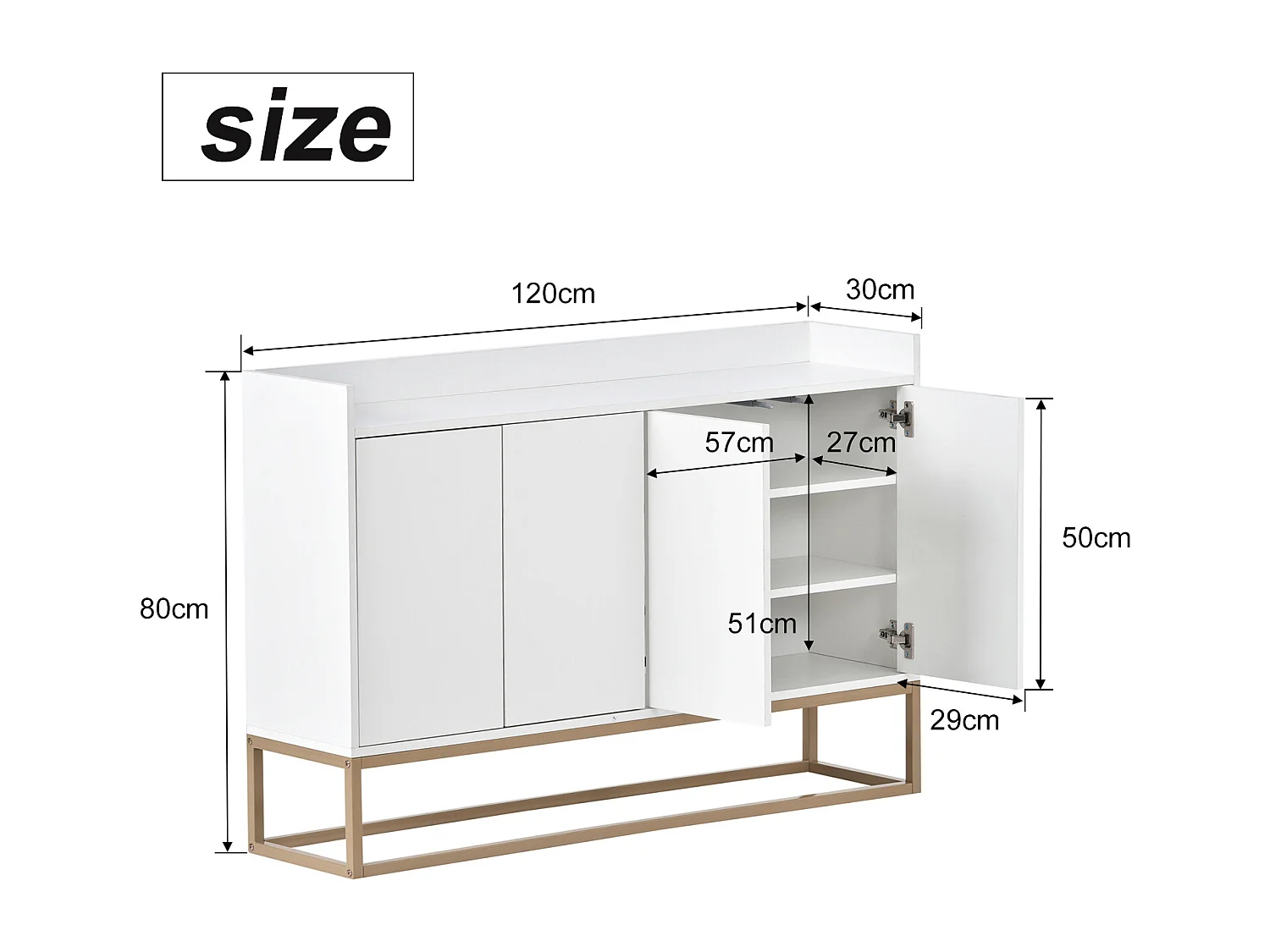 Buffet moderne minimaliste avec 4 portes et cadre en métal pour salle à manger, salon, cuisine,Blanc,120×30×80cm