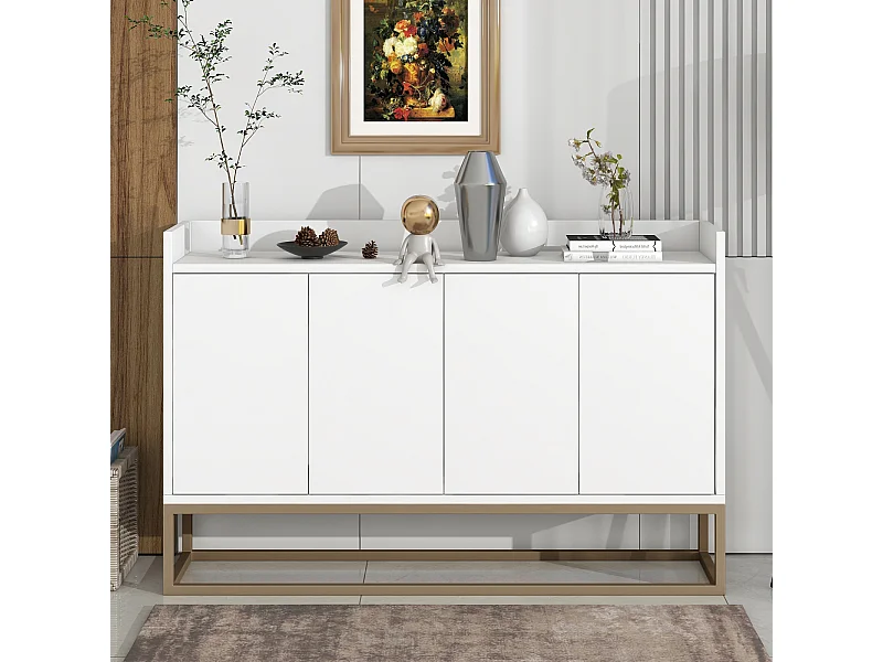 Buffet moderne minimaliste avec 4 portes et cadre en métal pour salle à manger, salon, cuisine,Blanc,120×30×80cm