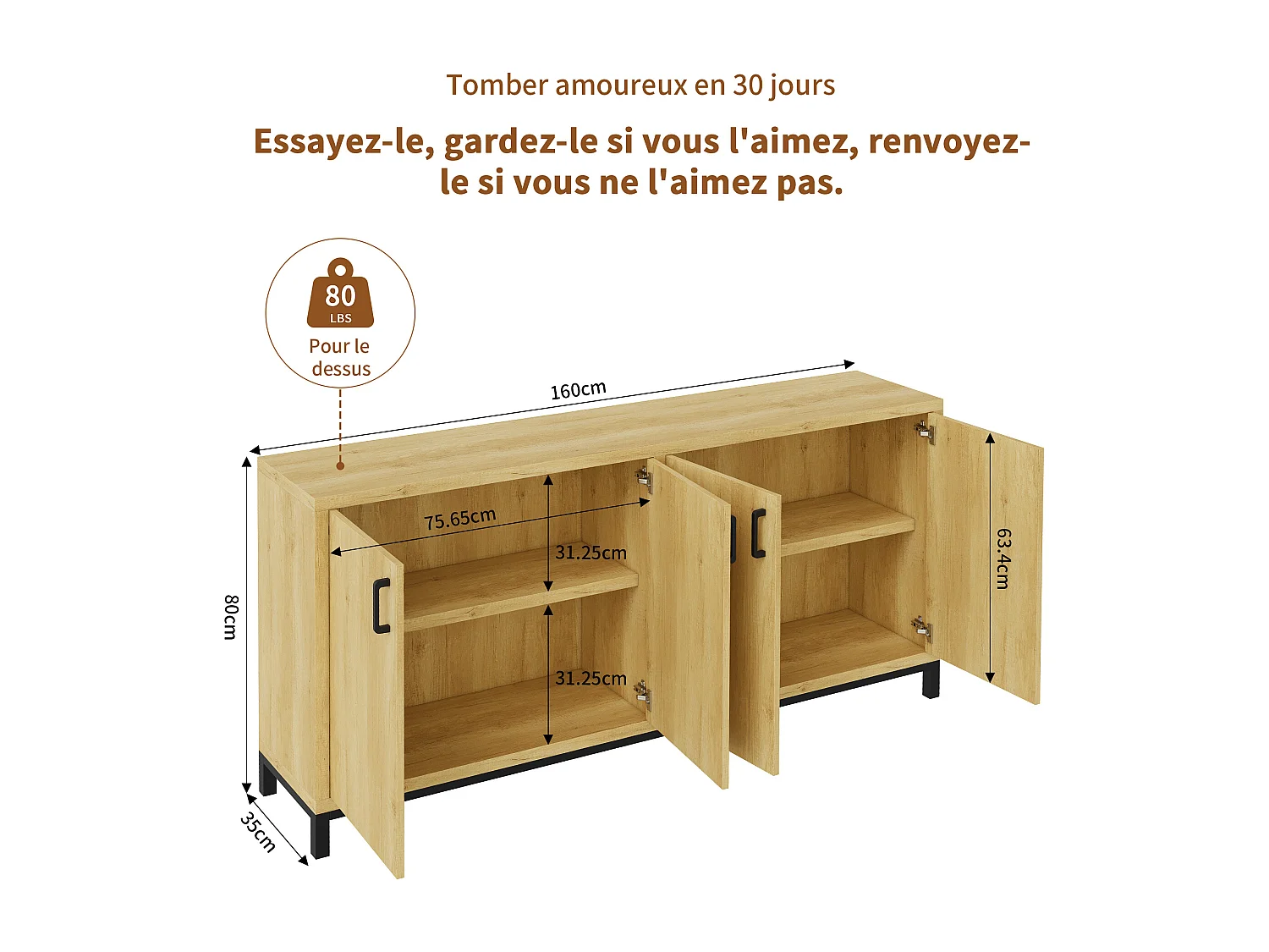 Buffet, meuble de rangement à 4 portes, meuble de cuisine , pour entrée, salon, cuisine, chambre, 160 x 35 x 80 cm