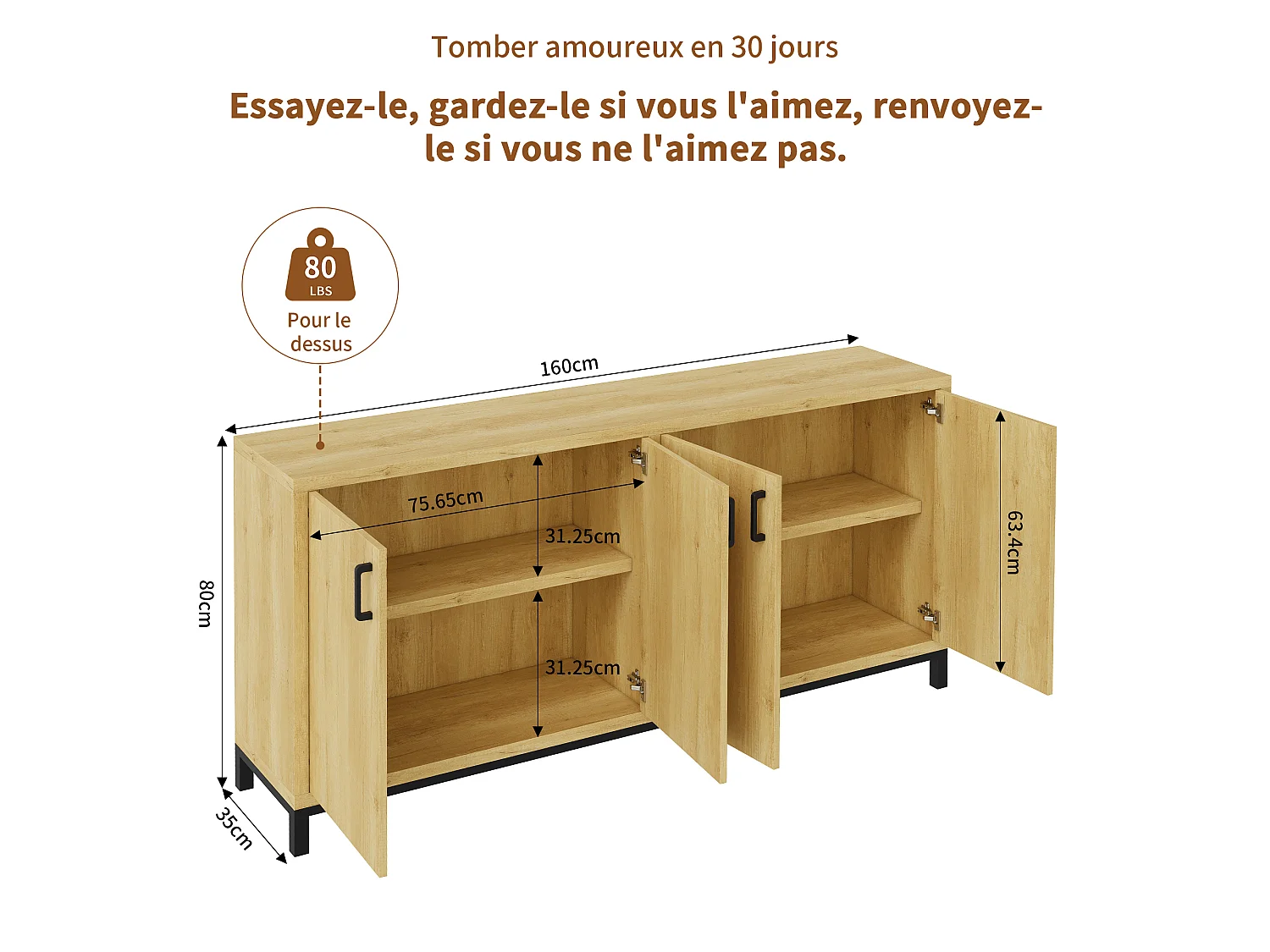 Buffet, meuble de rangement à 4 portes, meuble de cuisine , pour entrée, salon, cuisine, chambre, 160 x 35 x 80 cm