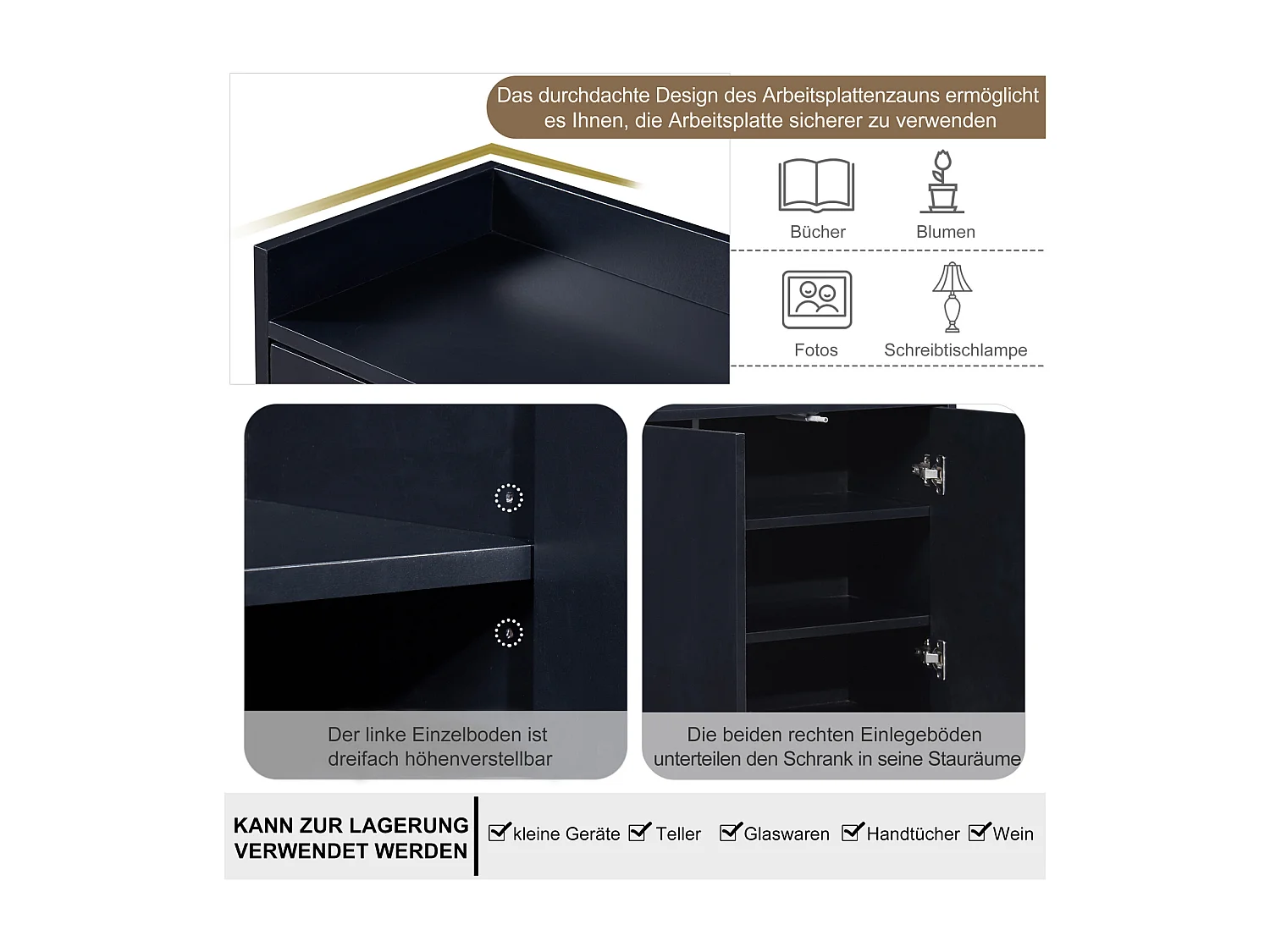 Buffet moderne minimaliste avec 4 portes et cadre en métal pour salle à manger, salon, cuisine,Noir,120×30×80cm