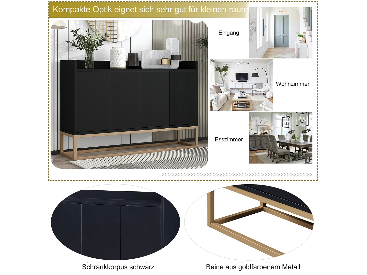 Aparador minimalista moderno con 4 puertas y estructura de metal para comedor, salón, cocina, Negro, 120×30×80cm