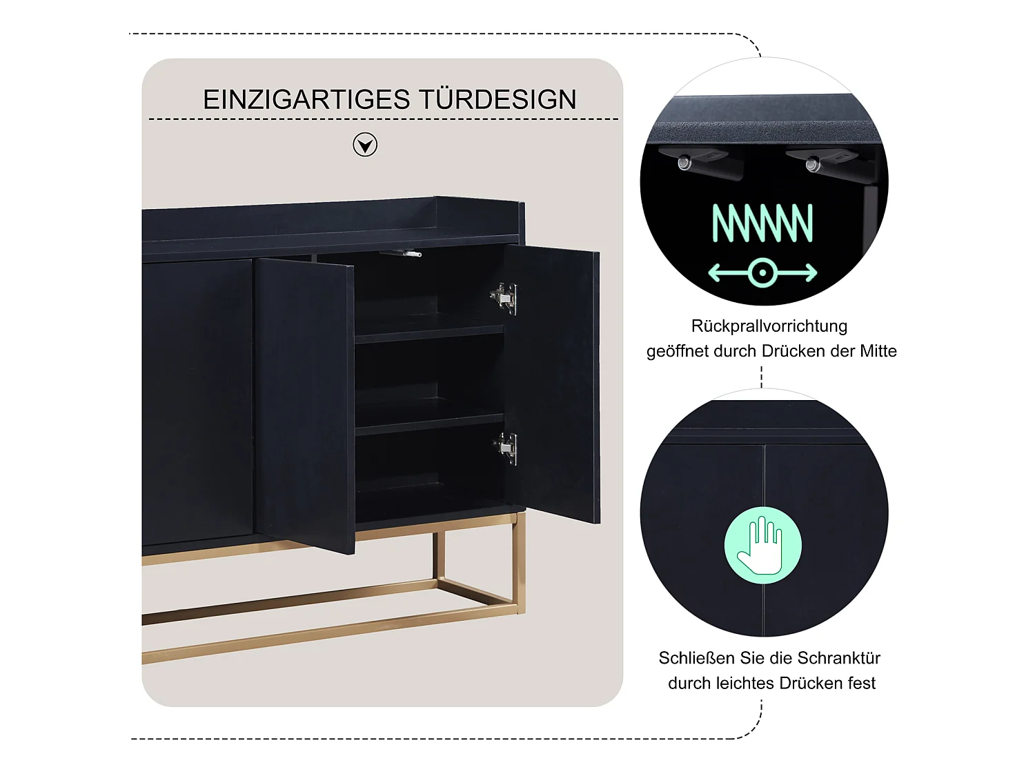 Aparador minimalista moderno con 4 puertas y estructura de metal para comedor, salón, cocina, Negro, 120×30×80cm