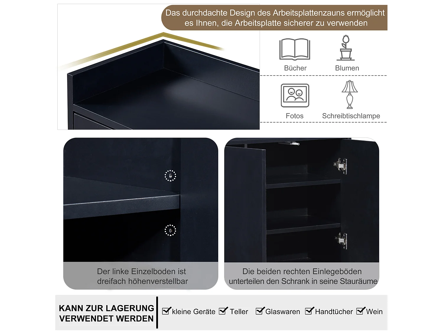 Aparador minimalista moderno con 4 puertas y estructura de metal para comedor, salón, cocina, Negro, 120×30×80cm