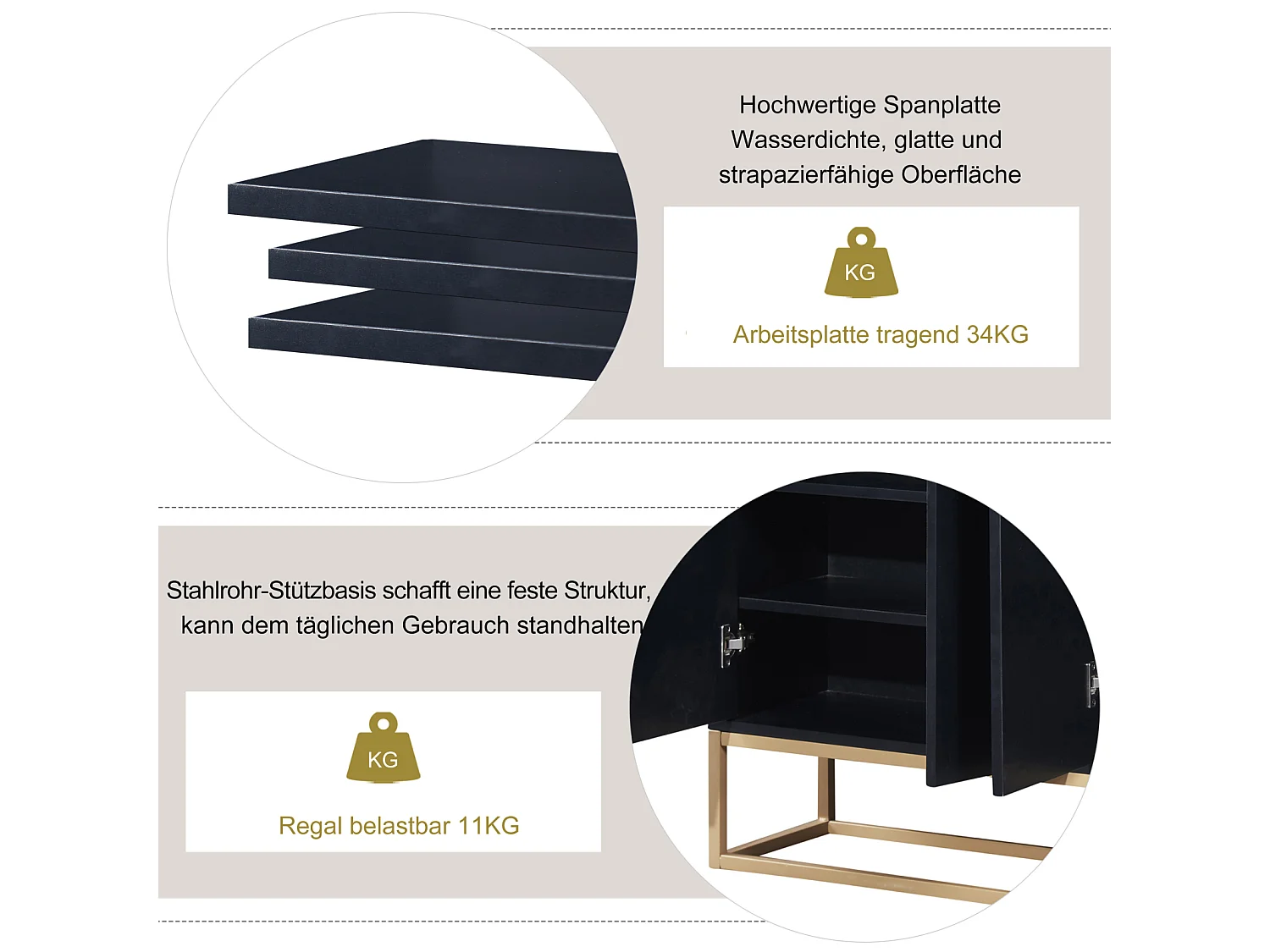 Aparador minimalista moderno con 4 puertas y estructura de metal para comedor, salón, cocina, Negro, 120×30×80cm