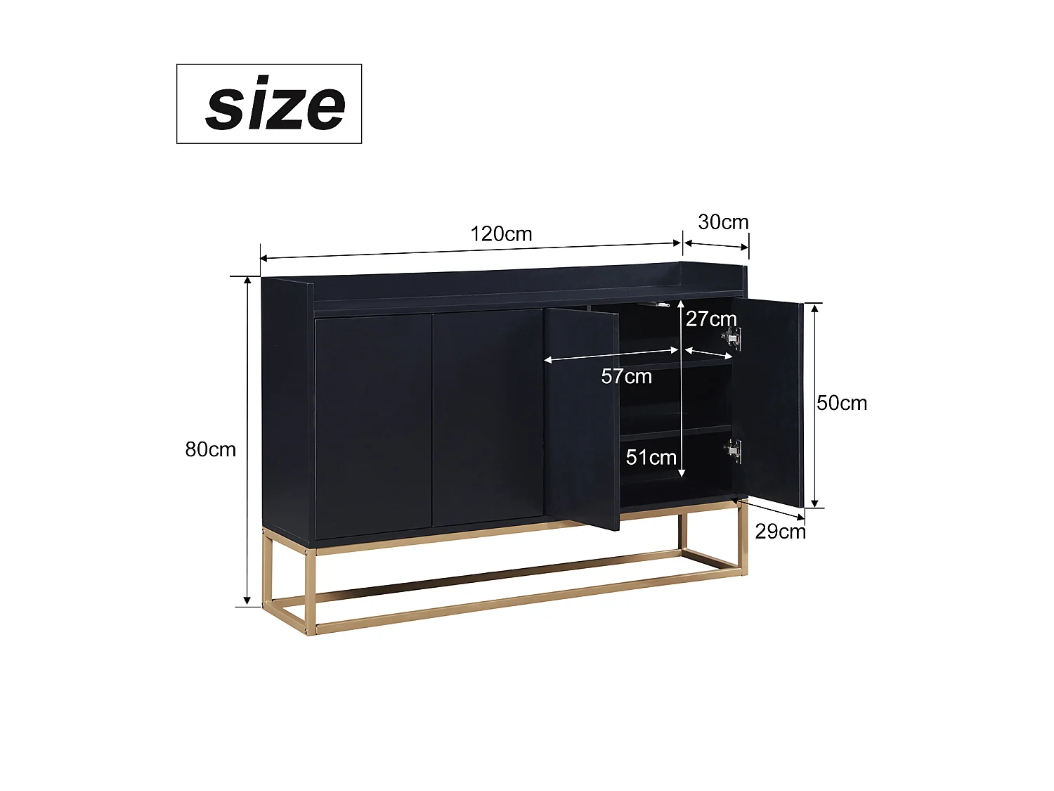 Aparador minimalista moderno con 4 puertas y estructura de metal para comedor, salón, cocina, Negro, 120×30×80cm