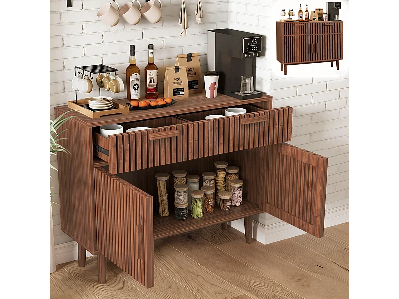 Buffet commode à 2 tiroirs et 2 portes, meuble de cuisine, bois, 100 x 35 x 80 cm