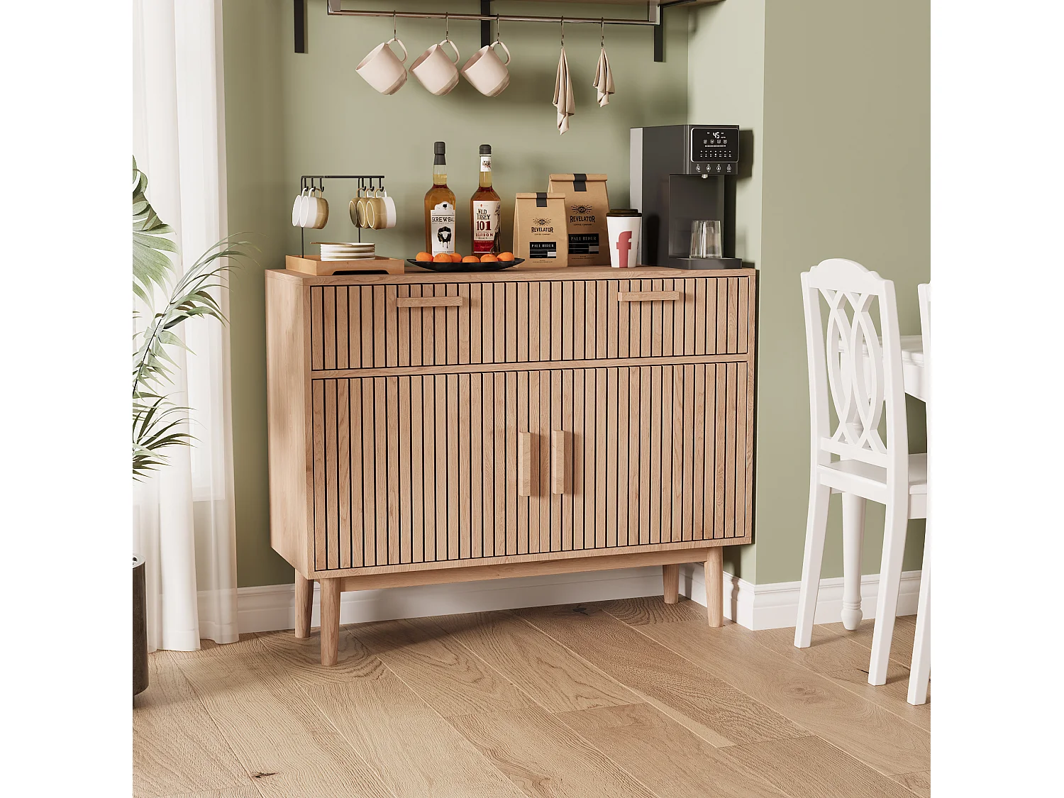 Buffet commode à 2 tiroirs et 2 portes, meuble de cuisine, bois, 100 x 35 x 80 cm