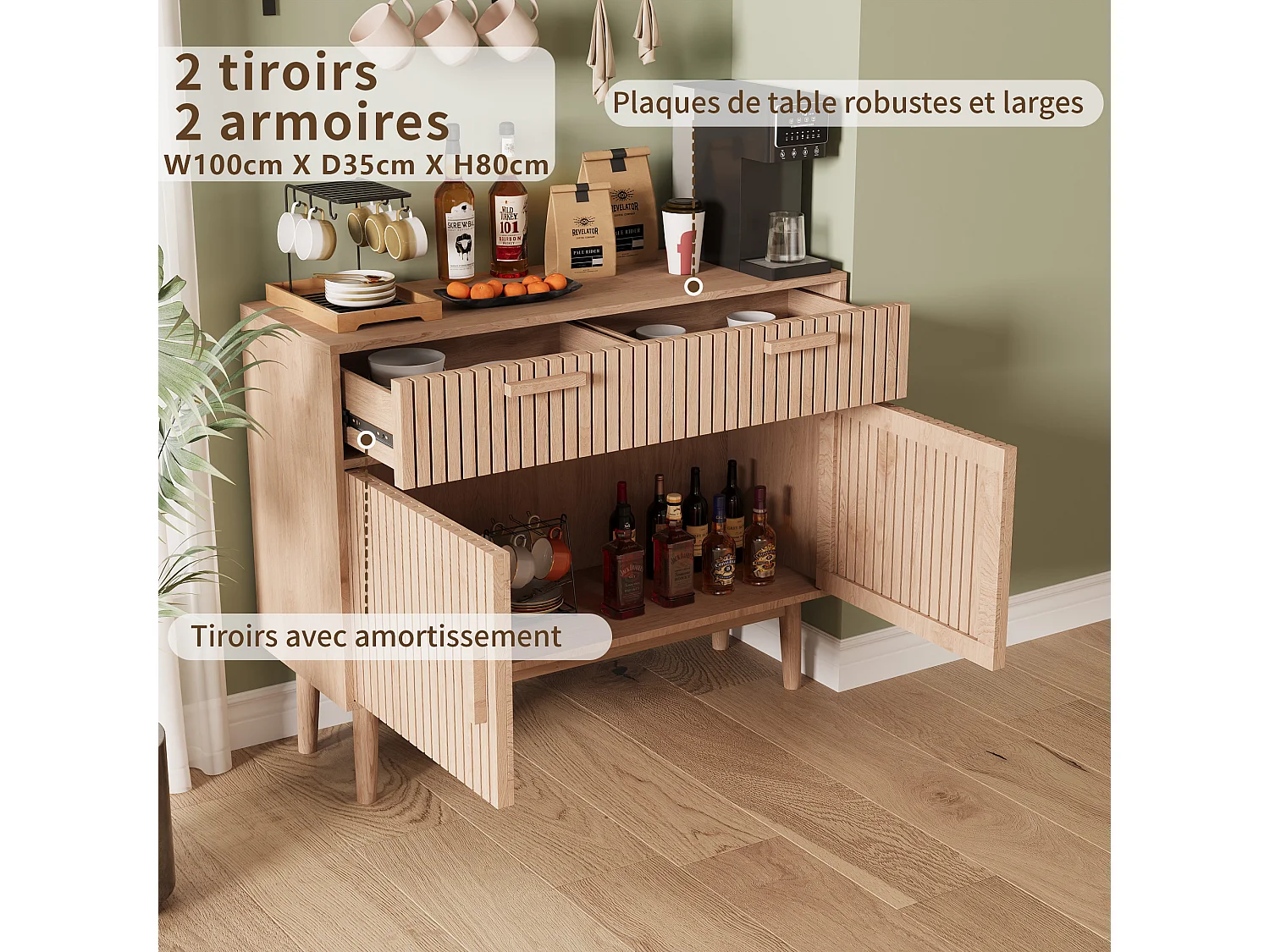 Buffet commode à 2 tiroirs et 2 portes, meuble de cuisine, bois, 100 x 35 x 80 cm