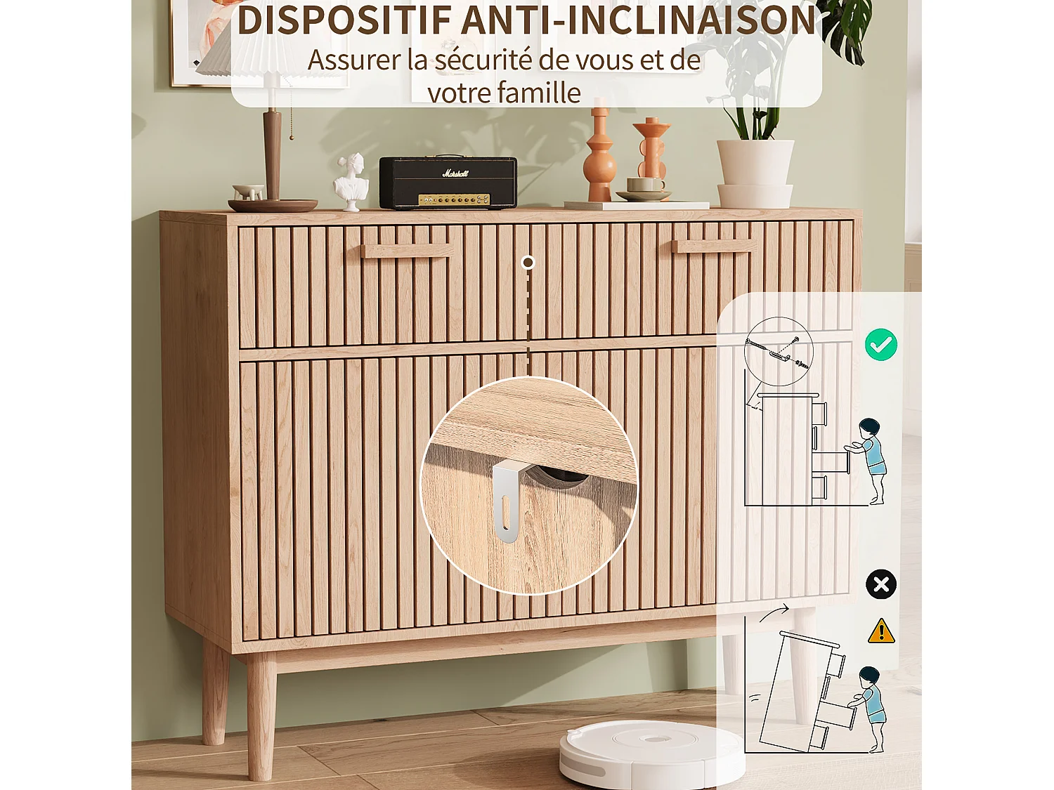 Buffet commode à 2 tiroirs et 2 portes, meuble de cuisine, bois, 100 x 35 x 80 cm