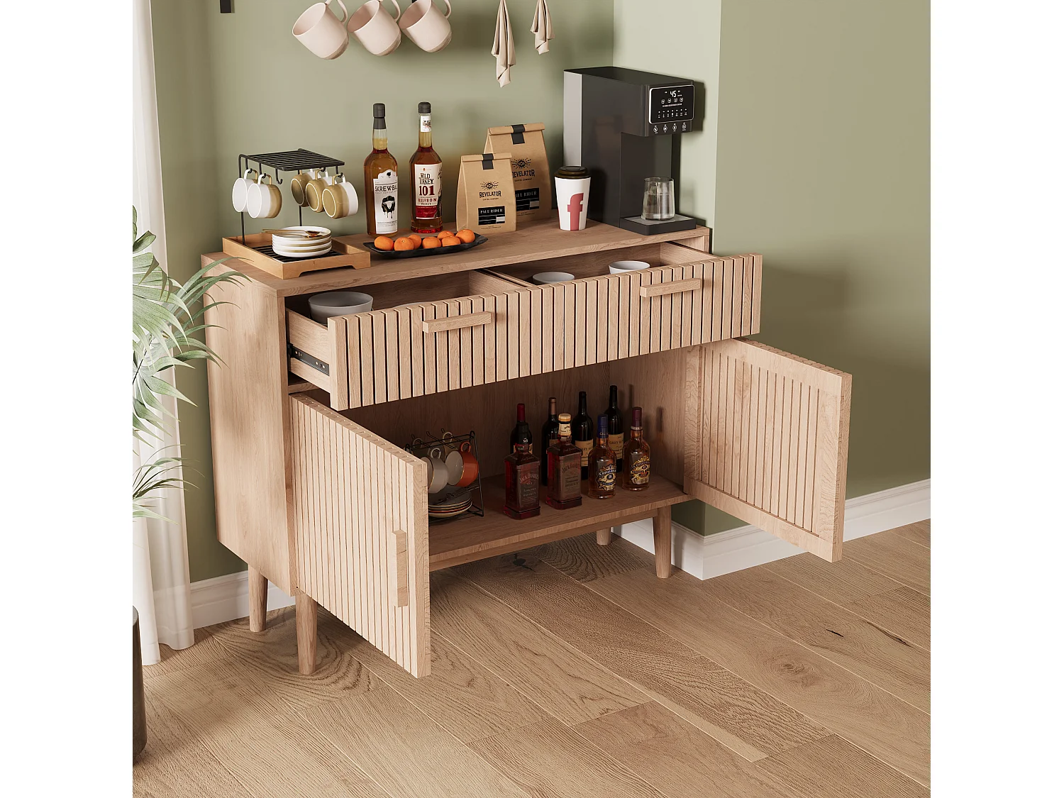 Buffet commode à 2 tiroirs et 2 portes, meuble de cuisine, bois, 100 x 35 x 80 cm