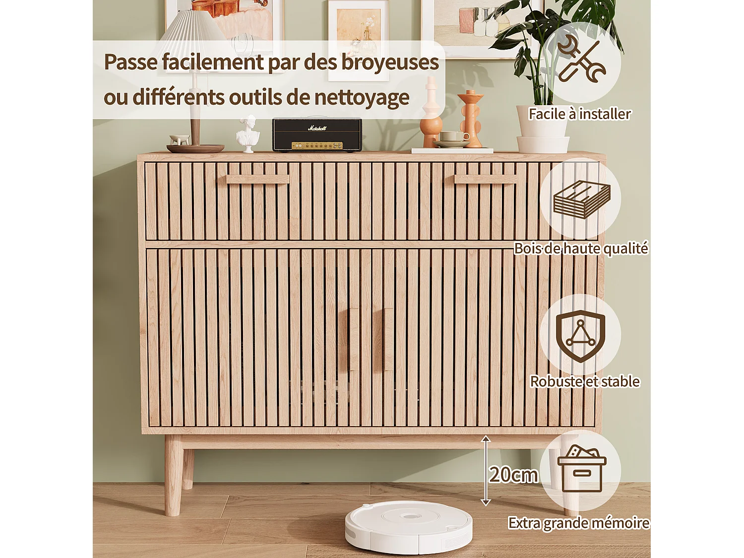 Buffet commode à 2 tiroirs et 2 portes, meuble de cuisine, bois, 100 x 35 x 80 cm