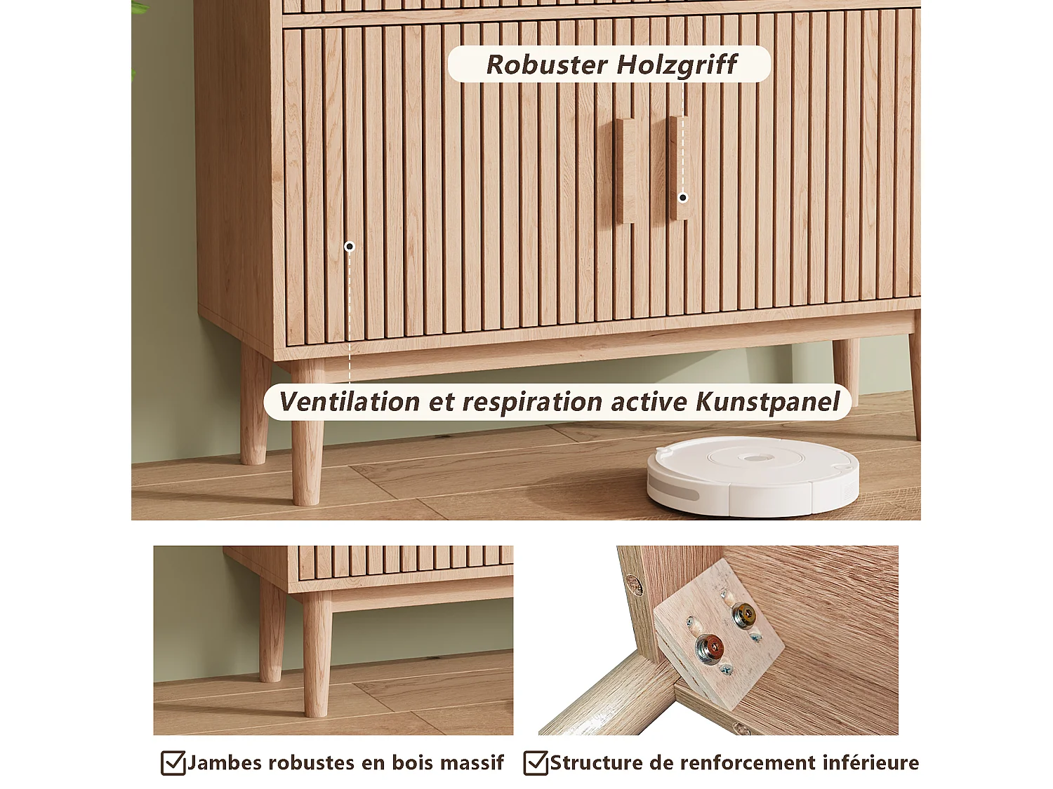 Buffet commode à 2 tiroirs et 2 portes, meuble de cuisine, bois, 100 x 35 x 80 cm