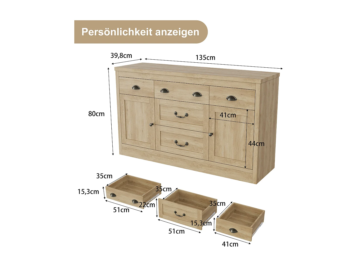 Aparador con 2 puertas y 5 cajones, mueble de almacenaje con bisagras metálicas, cómoda con tiradores curvos, 135 x 39,8 x 80 cm
