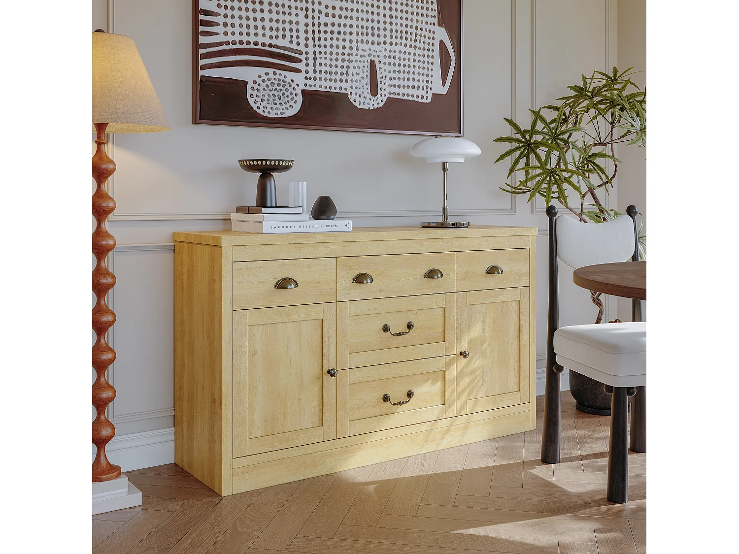 Buffet à 2 portes et 5 tiroirs, meuble de rangement avec charnières métalliques, commode avec poignées incurvées, 135 x 39.8 x 80 cm