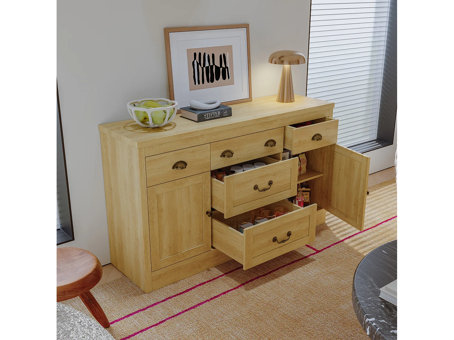 Buffet à 2 portes et 5 tiroirs, meuble de rangement avec charnières métalliques, commode avec poignées incurvées, 135 x 39.8 x 80 cm