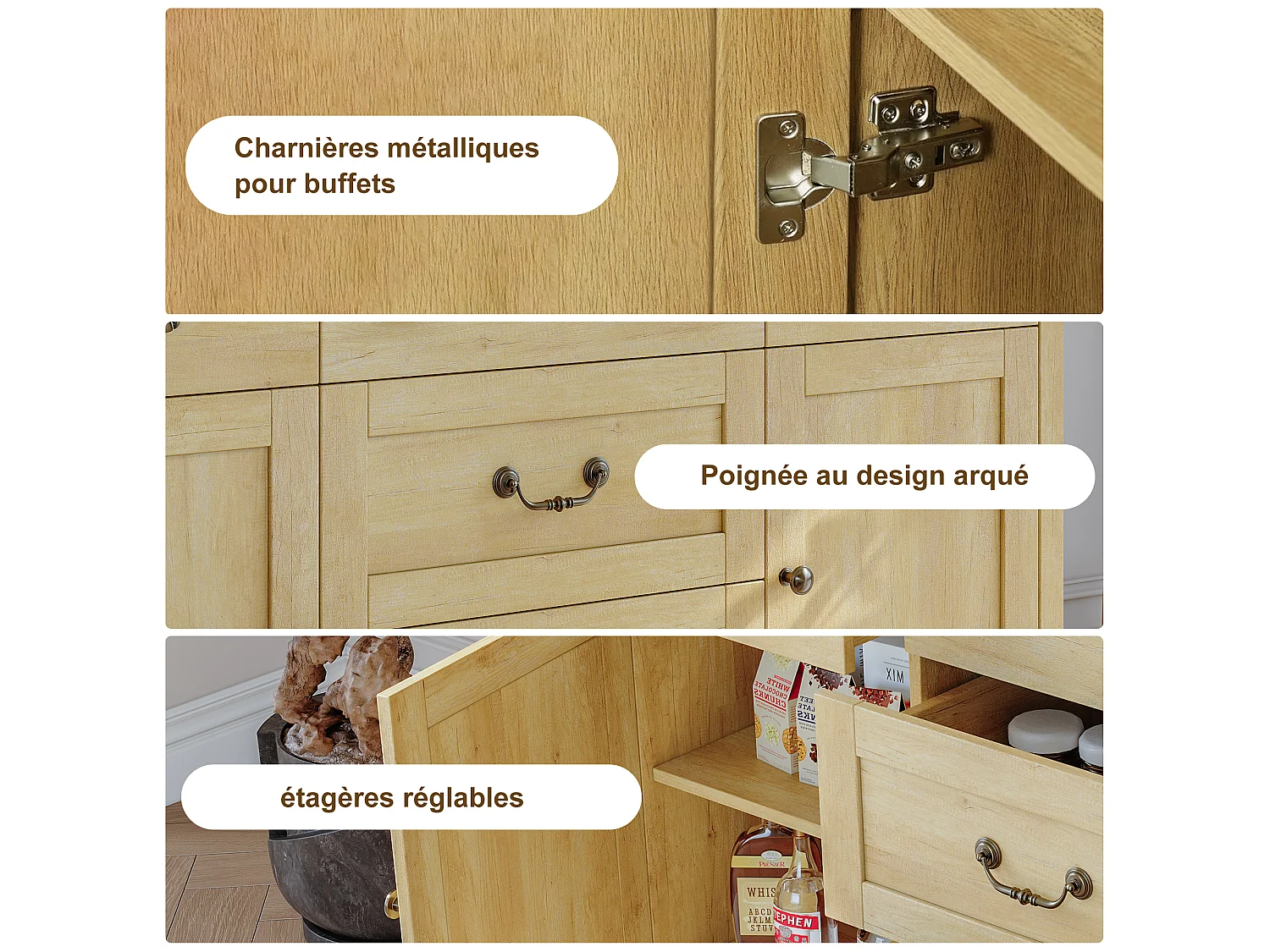 Buffet à 2 portes et 5 tiroirs, meuble de rangement avec charnières métalliques, commode avec poignées incurvées, 135 x 39.8 x 80 cm
