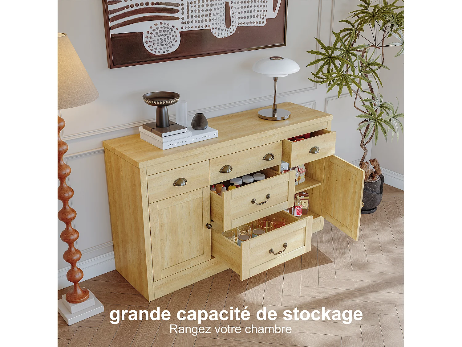 Buffet à 2 portes et 5 tiroirs, meuble de rangement avec charnières métalliques, commode avec poignées incurvées, 135 x 39.8 x 80 cm