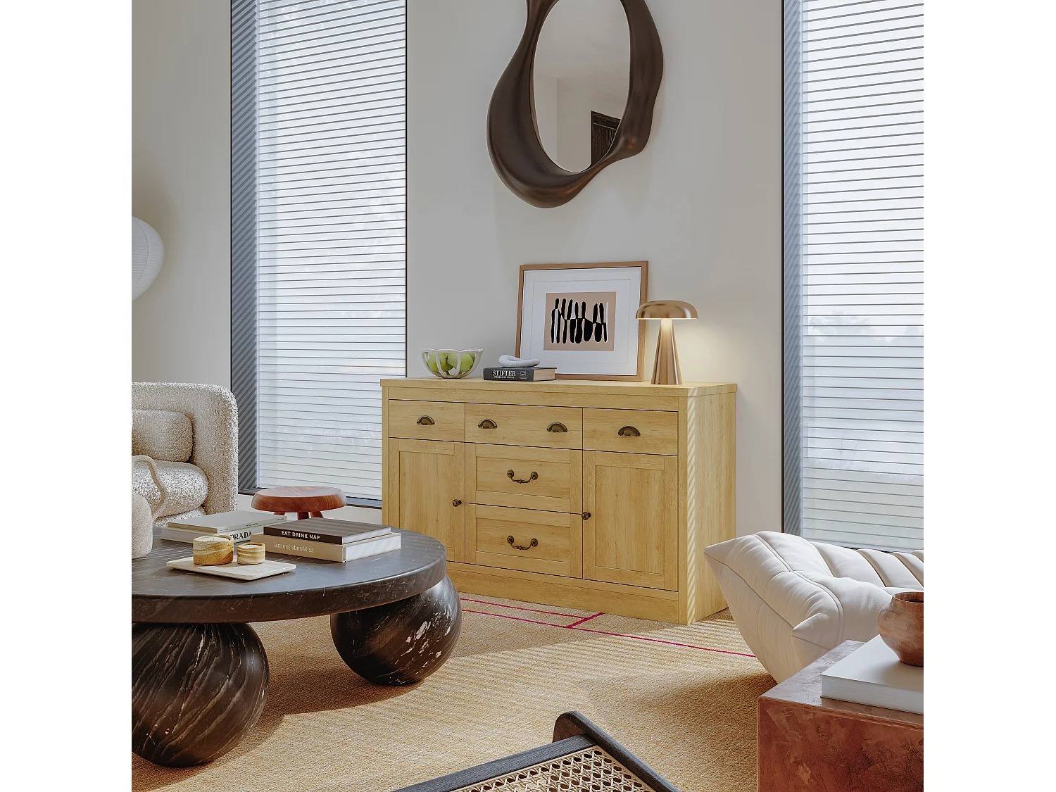 Buffet à 2 portes et 5 tiroirs, meuble de rangement avec charnières métalliques, commode avec poignées incurvées, 135 x 39.8 x 80 cm