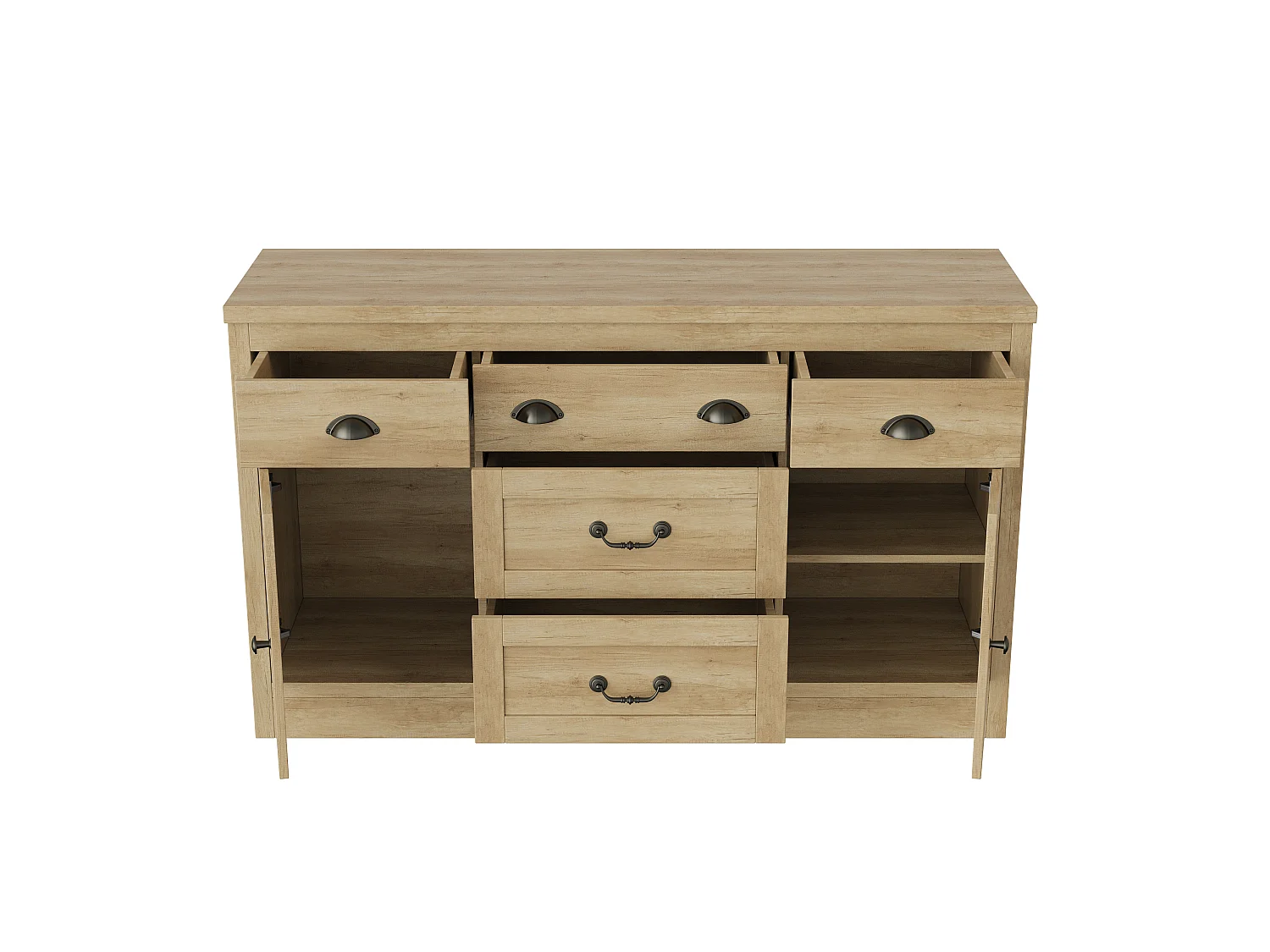 Buffet à 2 portes et 5 tiroirs, meuble de rangement avec charnières métalliques, commode avec poignées incurvées, 135 x 39.8 x 80 cm