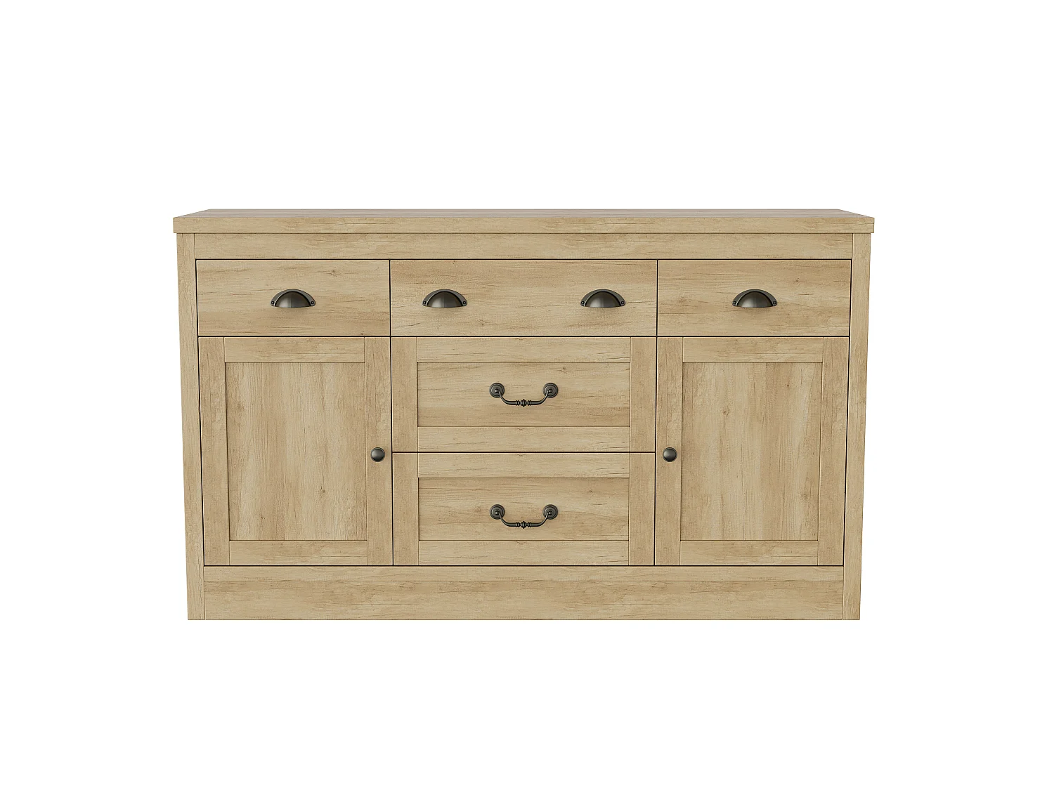Buffet à 2 portes et 5 tiroirs, meuble de rangement avec charnières métalliques, commode avec poignées incurvées, 135 x 39.8 x 80 cm