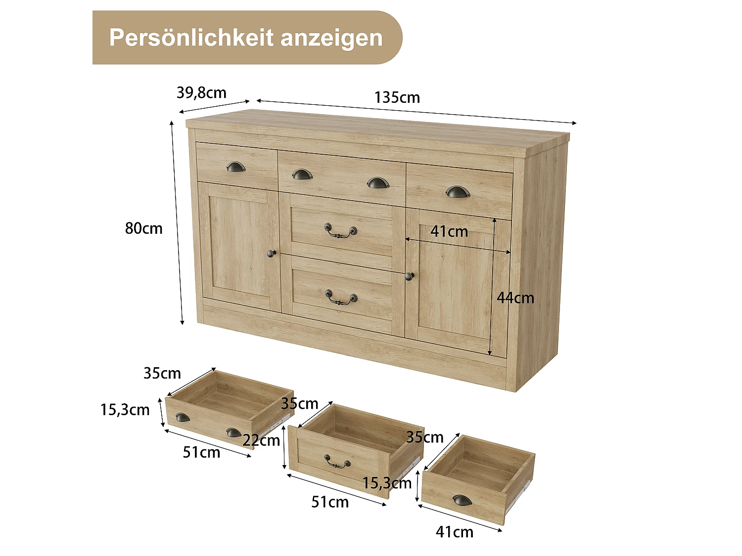 Buffet à 2 portes et 5 tiroirs, meuble de rangement avec charnières métalliques, commode avec poignées incurvées, 135 x 39.8 x 80 cm