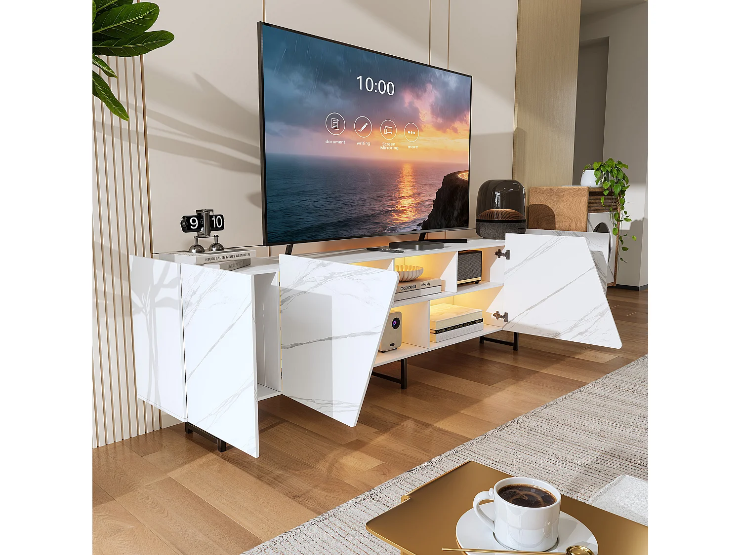 Meuble TV avec éclairage LED et 4 portes - espace de rangement ouvert - 220 x 34,5 x 67,7 cm