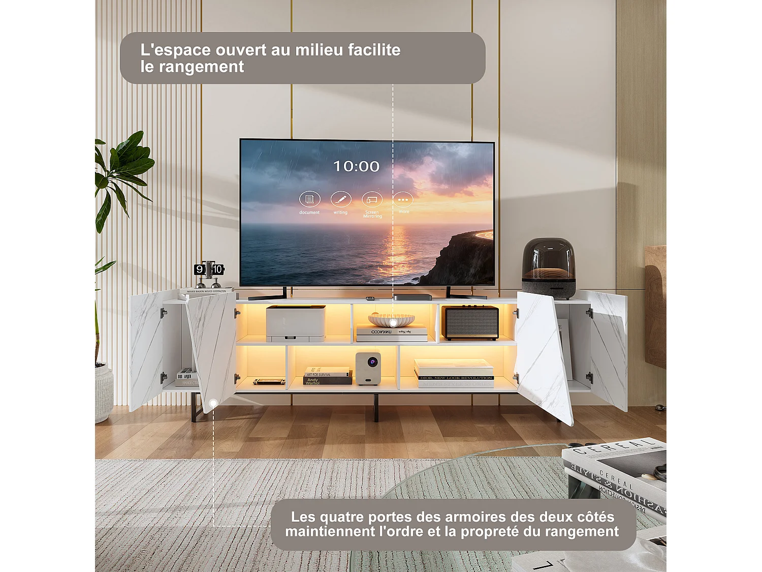Meuble TV avec éclairage LED et 4 portes - espace de rangement ouvert - 220 x 34,5 x 67,7 cm