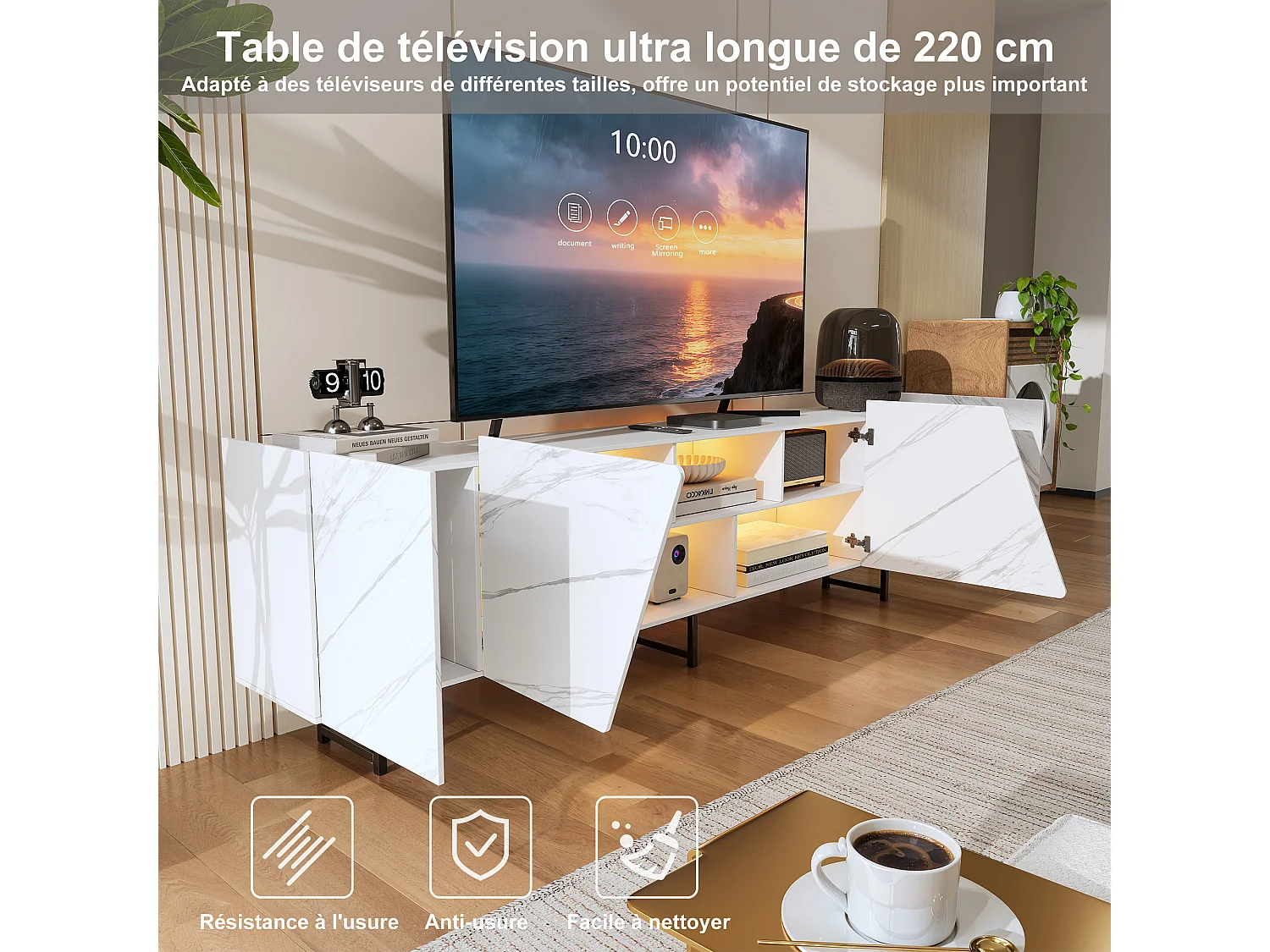 Meuble TV avec éclairage LED et 4 portes - espace de rangement ouvert - 220 x 34,5 x 67,7 cm