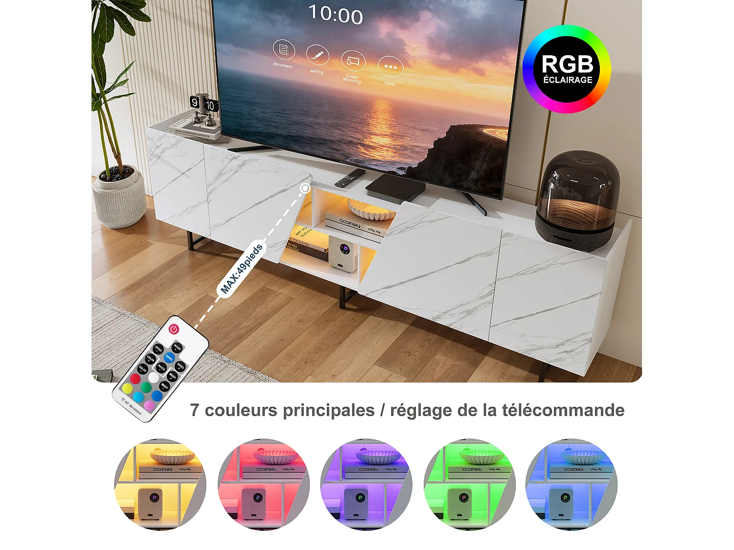 Meuble TV avec éclairage LED et 4 portes - espace de rangement ouvert - 220 x 34,5 x 67,7 cm