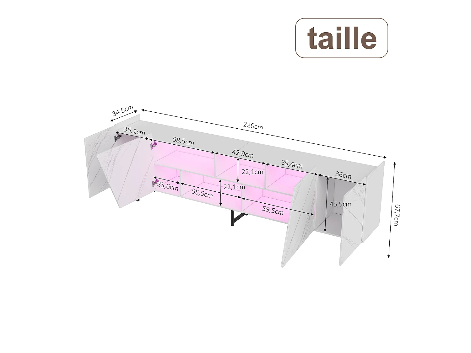 Meuble TV avec éclairage LED et 4 portes - espace de rangement ouvert - 220 x 34,5 x 67,7 cm
