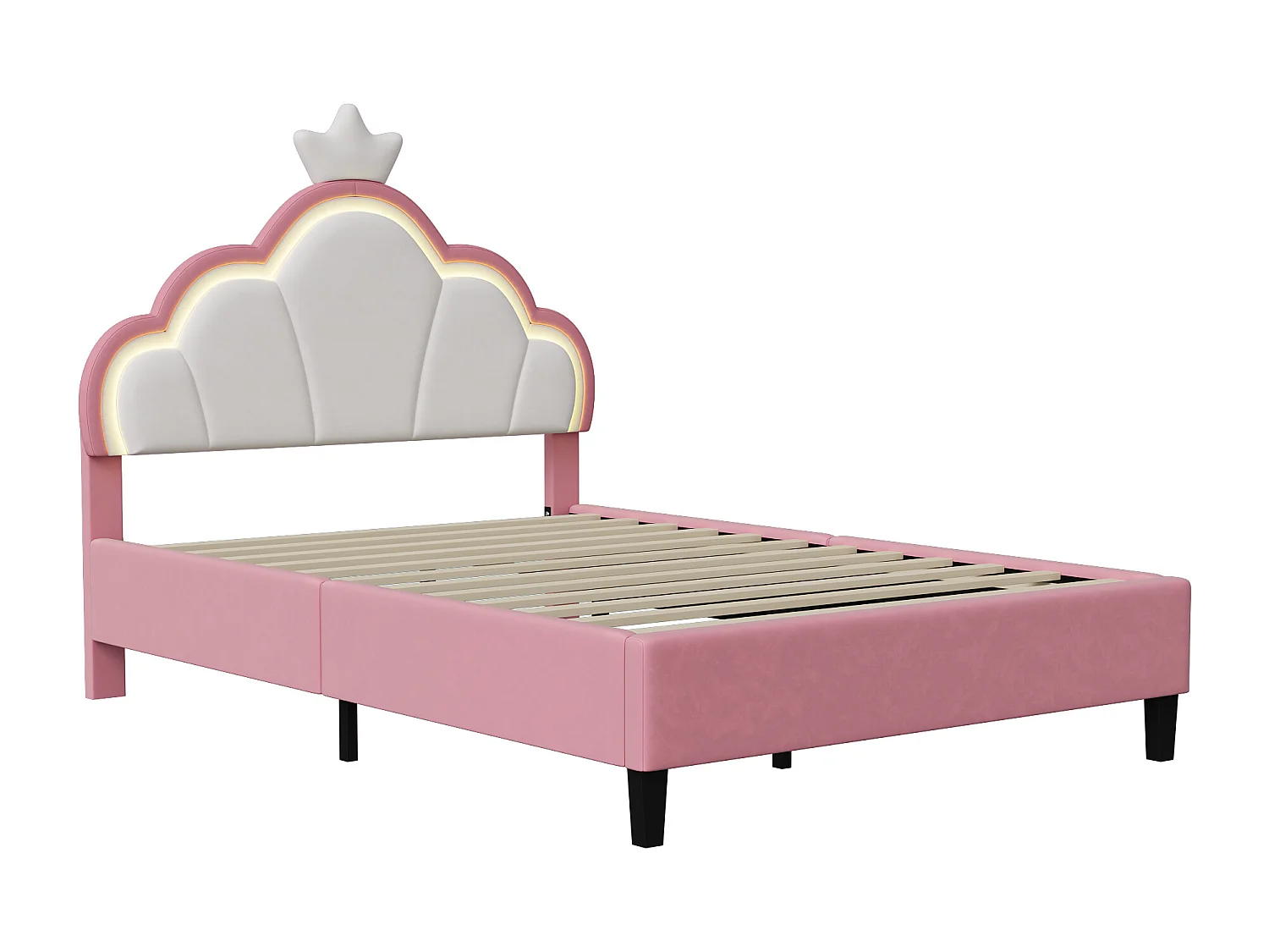 Lit double 140x200cm avec éclairage LED - tête de lit en forme de nuage, hauteur réglable - velours - rose